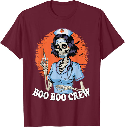 Boo Boo Crew Halloween Nurse Skeleton Zombie Ghost T-Shirt - T-Shirt | Maroon