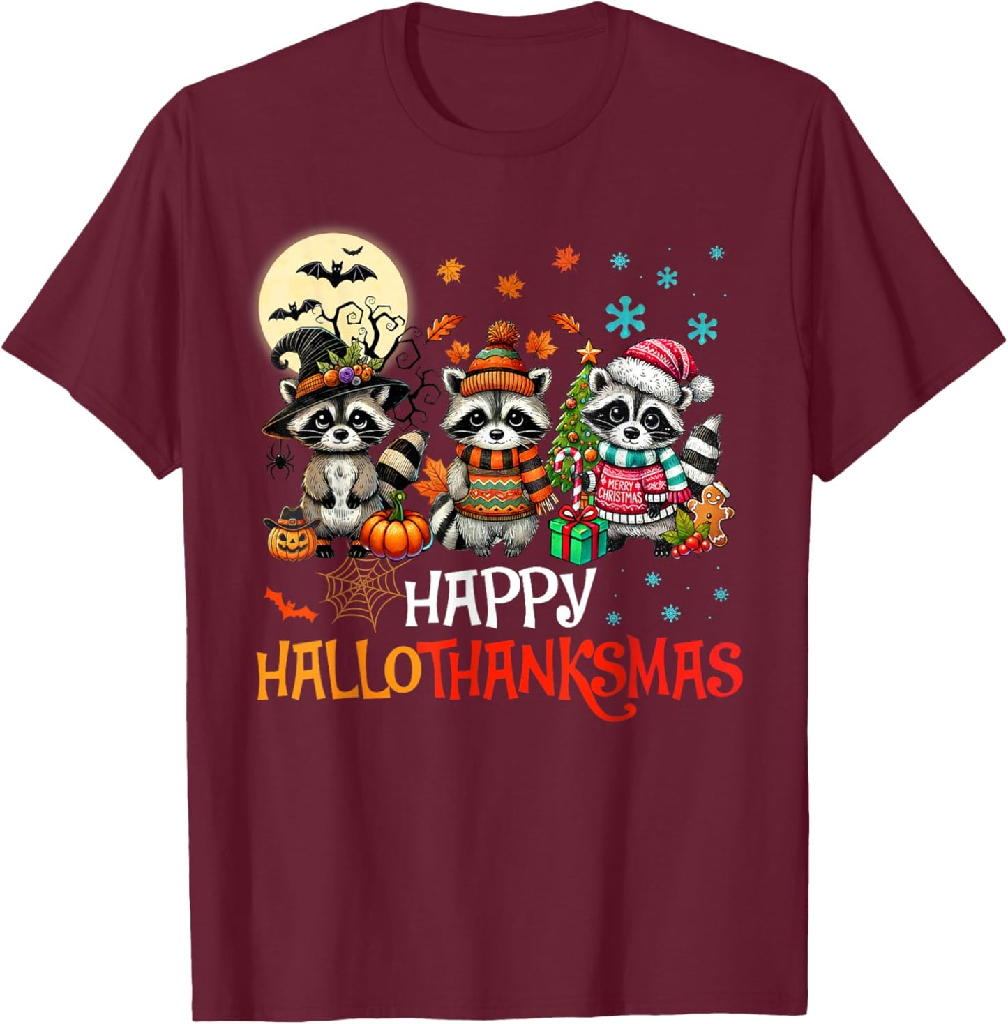Happy Hallothanksmas Raccoon Lover Halloween Merry Christmas T-Shirt - T-Shirt | Maroon