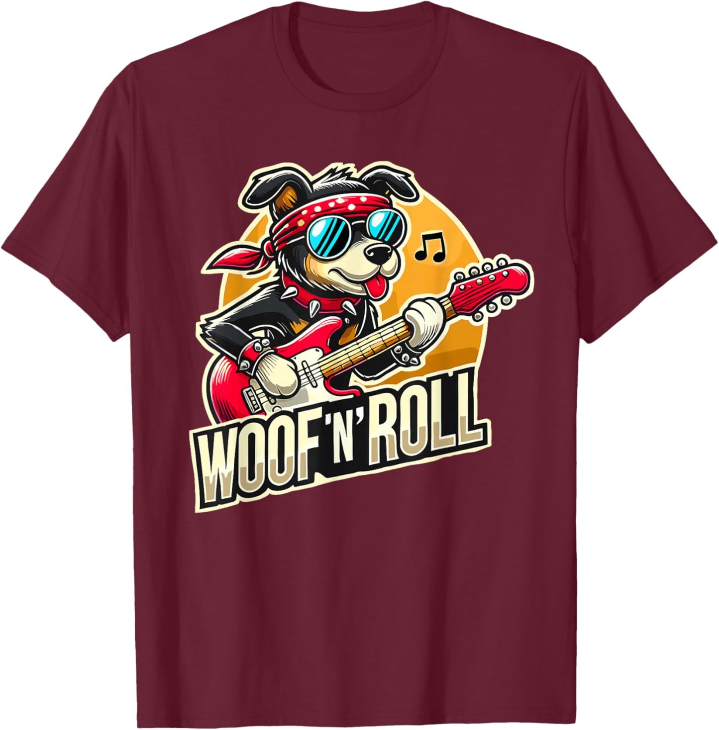 Funny Dog Woof ’n’ Roll Cool Guitar Rock Dog T-Shirt - T-Shirt | Maroon
