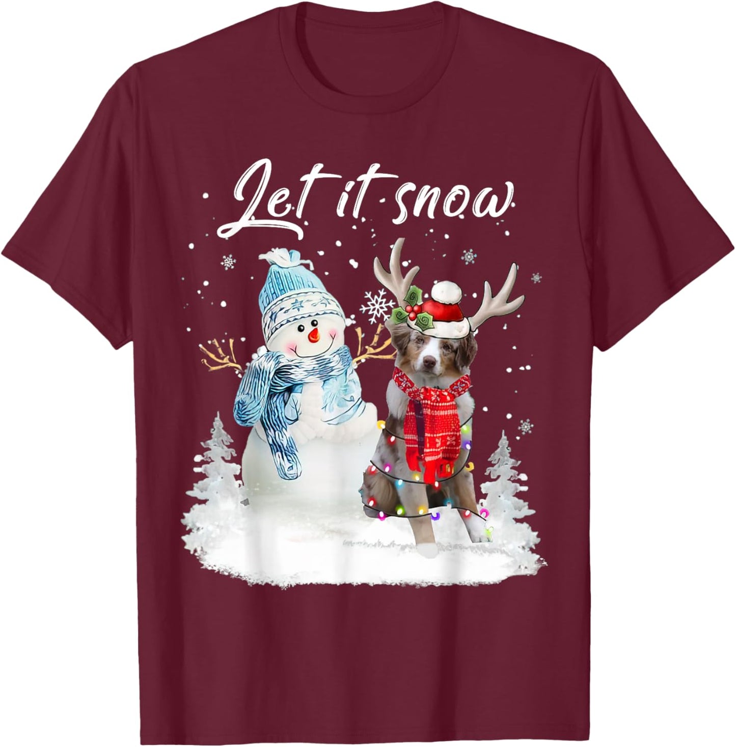 Australian Shepherd Santa Dog Christmas Snowman Xmas Pajama T-Shirt - T-Shirt | Maroon