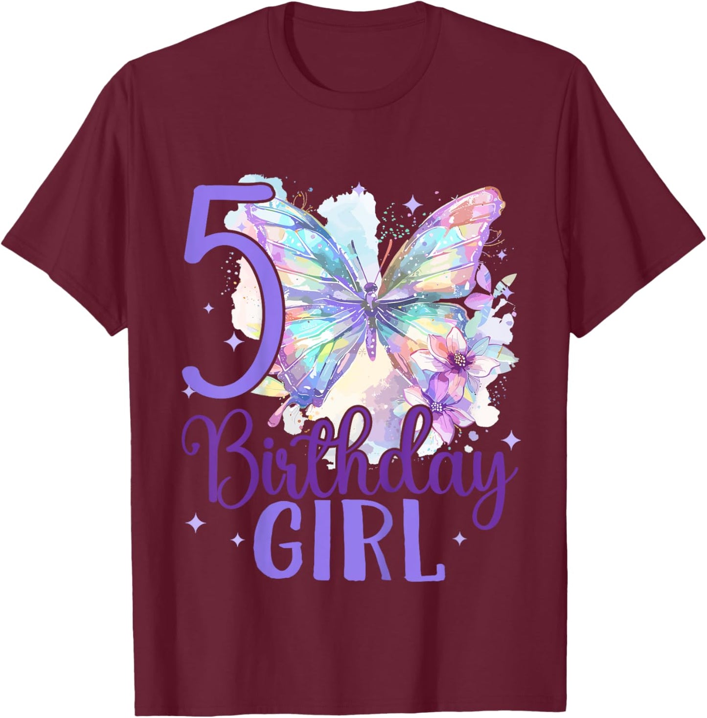 Kids 5th Birthday Butterfly 5 Years Five Finally 5 Birthday Girl T-Shirt - T-Shirt | Maroon