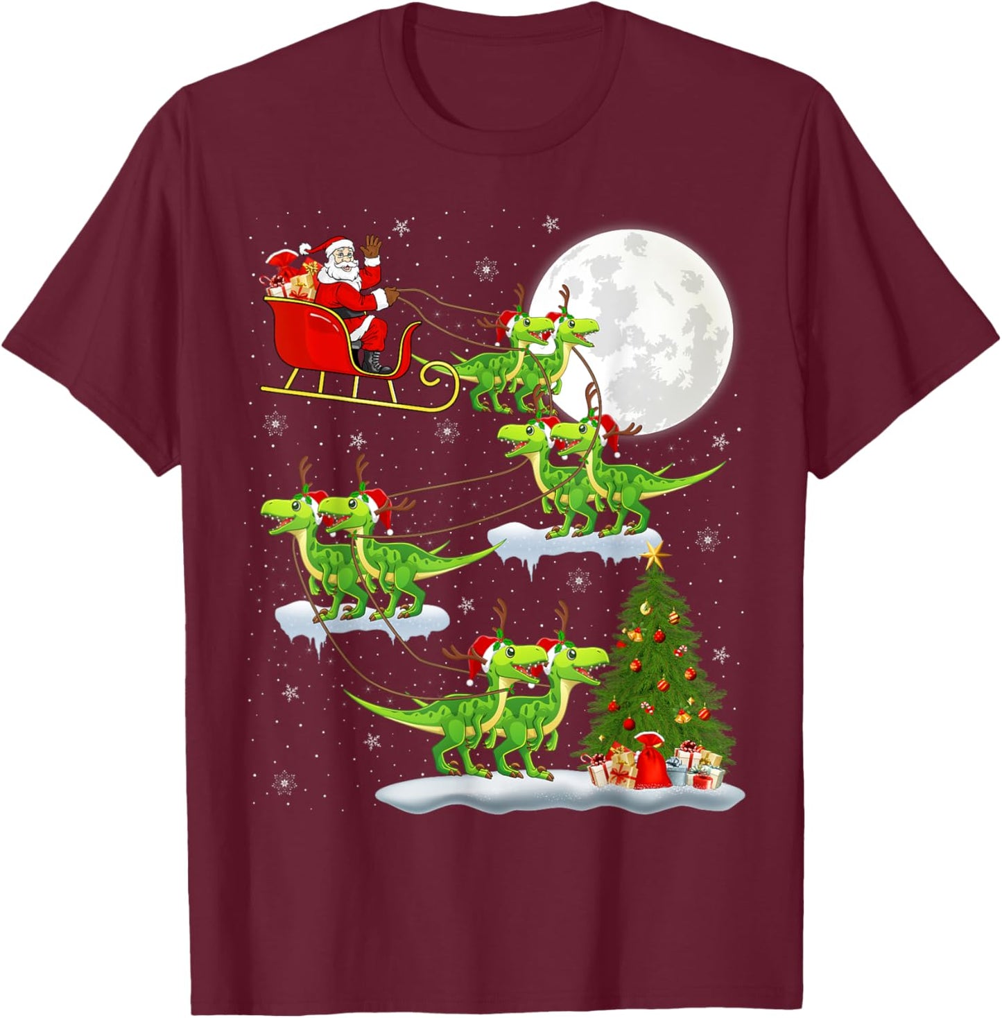 Xmas Lights Santa Riding Velociraptors Dinosaur Christmas T-Shirt - T-Shirt | Maroon