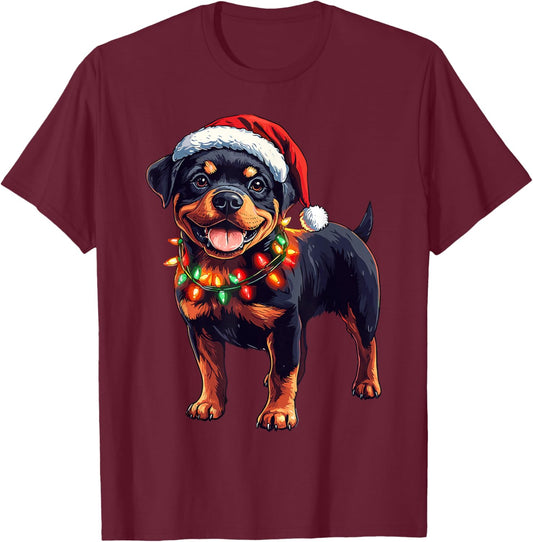 Rottweiler Santa Christmas Tree Lights Xmas Rottie Pajama T-Shirt - T-Shirt | Maroon