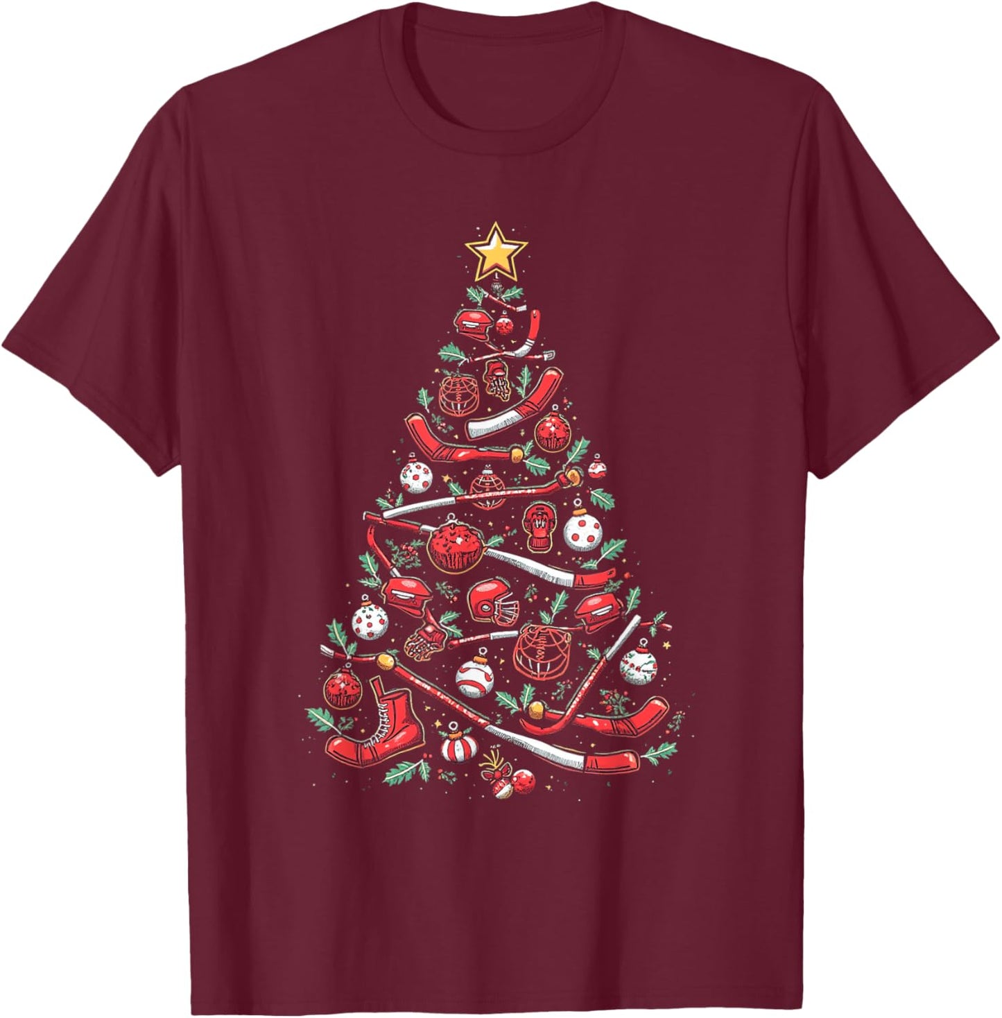Hockey Christmas Tree T-Shirt - T-Shirt | Maroon