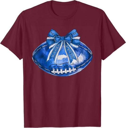 Cool Blue American Football Wearing Coquette Bow Game Day T-Shirt - T-Shirt | Maroon