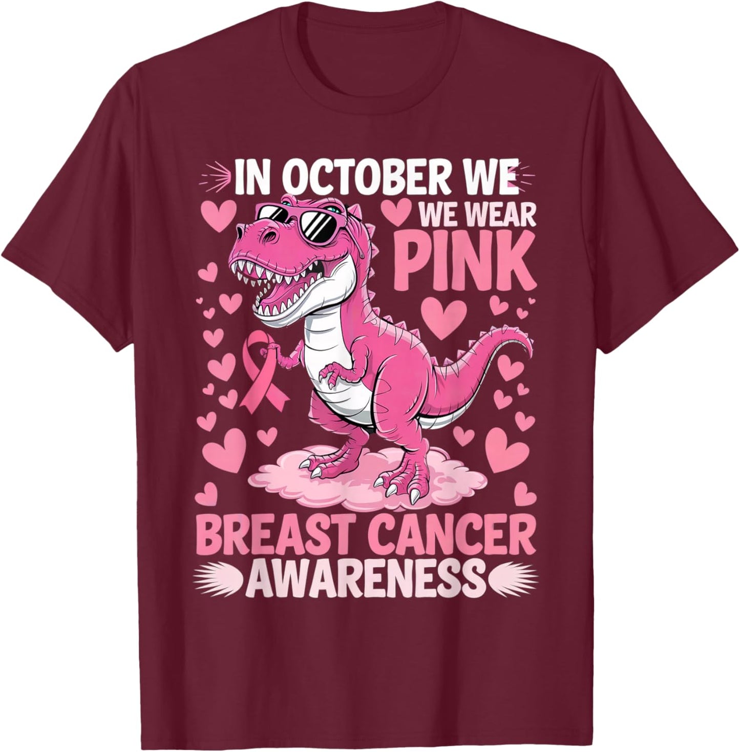 In October We Wear Pink Cute Dinosaur Breast Cancer Boys T-Shirt - T-Shirt | Maroon
