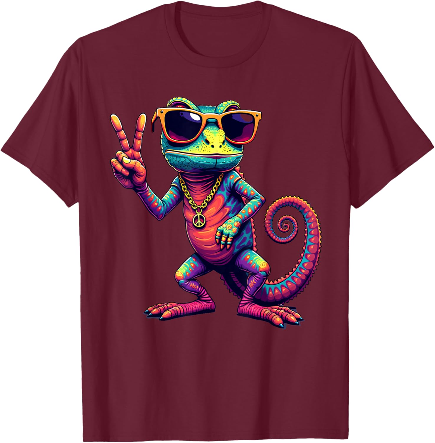 Groovy Peace Chameleon,, Funny Vintage Chameleon T-Shirt - T-Shirt | Maroon