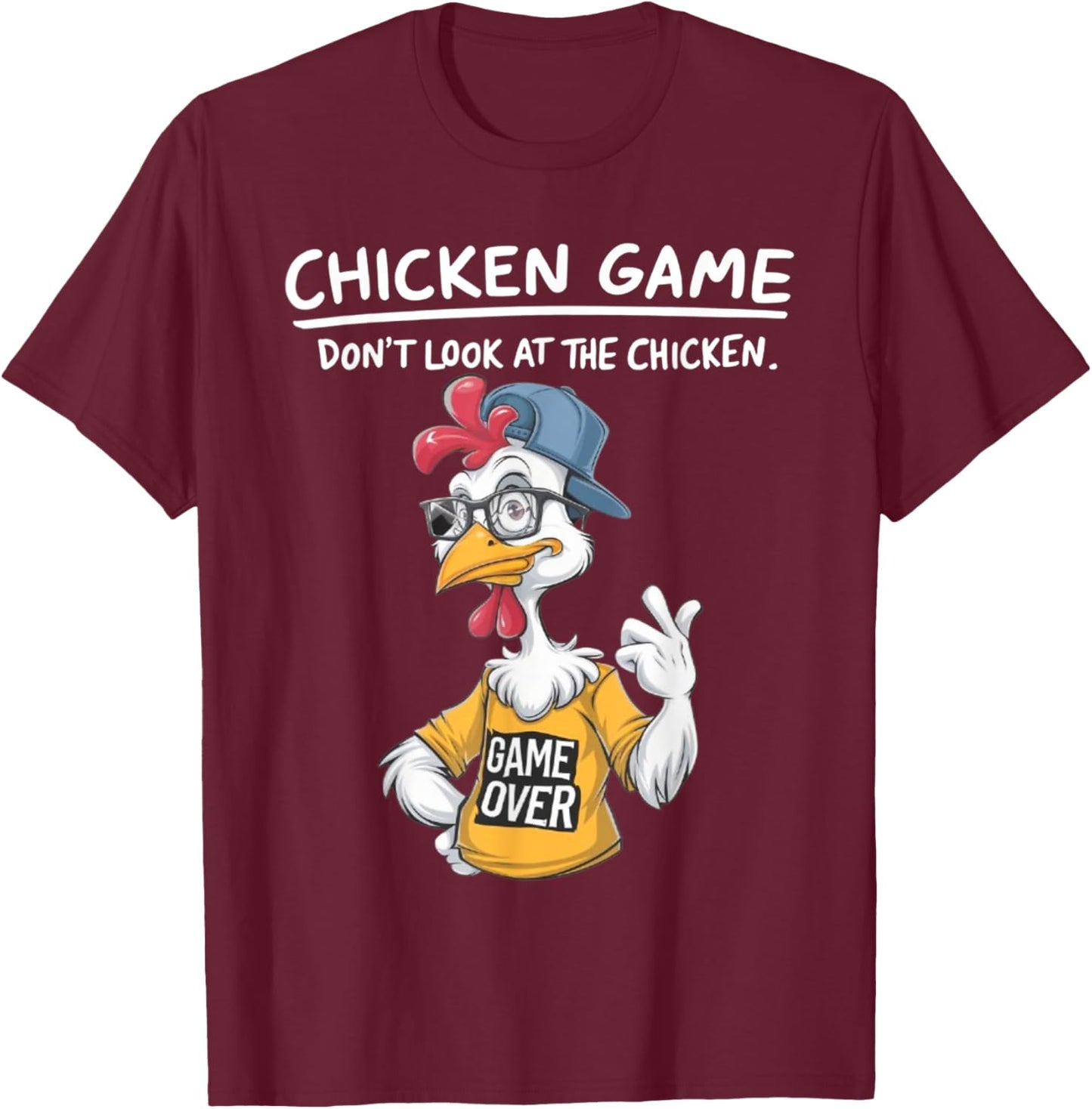 Chicken Game Humorous Family - -Adults & Kids - Black - Small - Short Sleeve - Cartoon Chicken Game - Don't Look at the Chicken T-Shirt - T-Shirt | Maroon