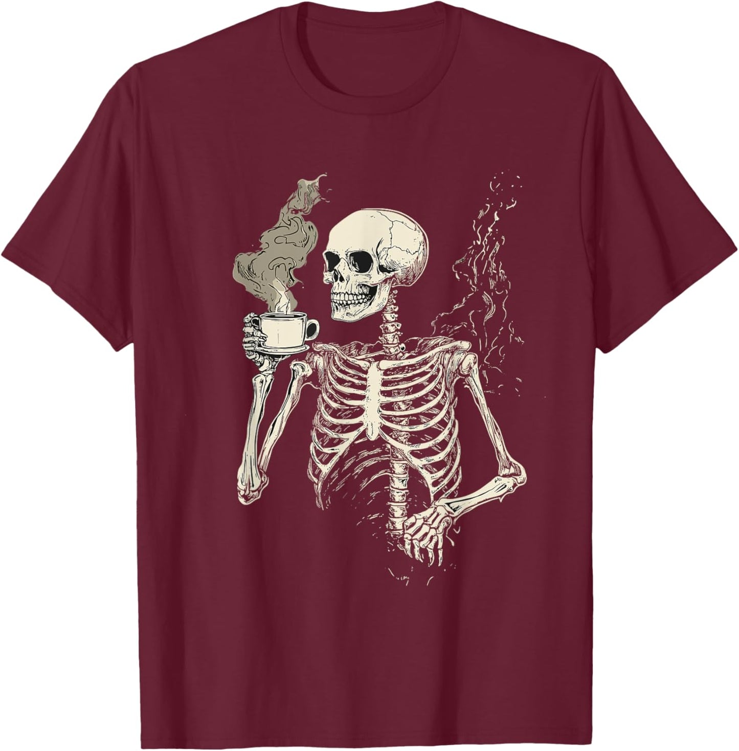 Funny Skeleton Drinking Coffee Caffeine Lover Coffee T-Shirt - T-Shirt | Maroon