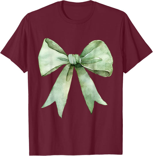 Trendy Aesthetic Green Coquette y2k Girl Green Bow Ribbon T-Shirt - T-Shirt | Maroon