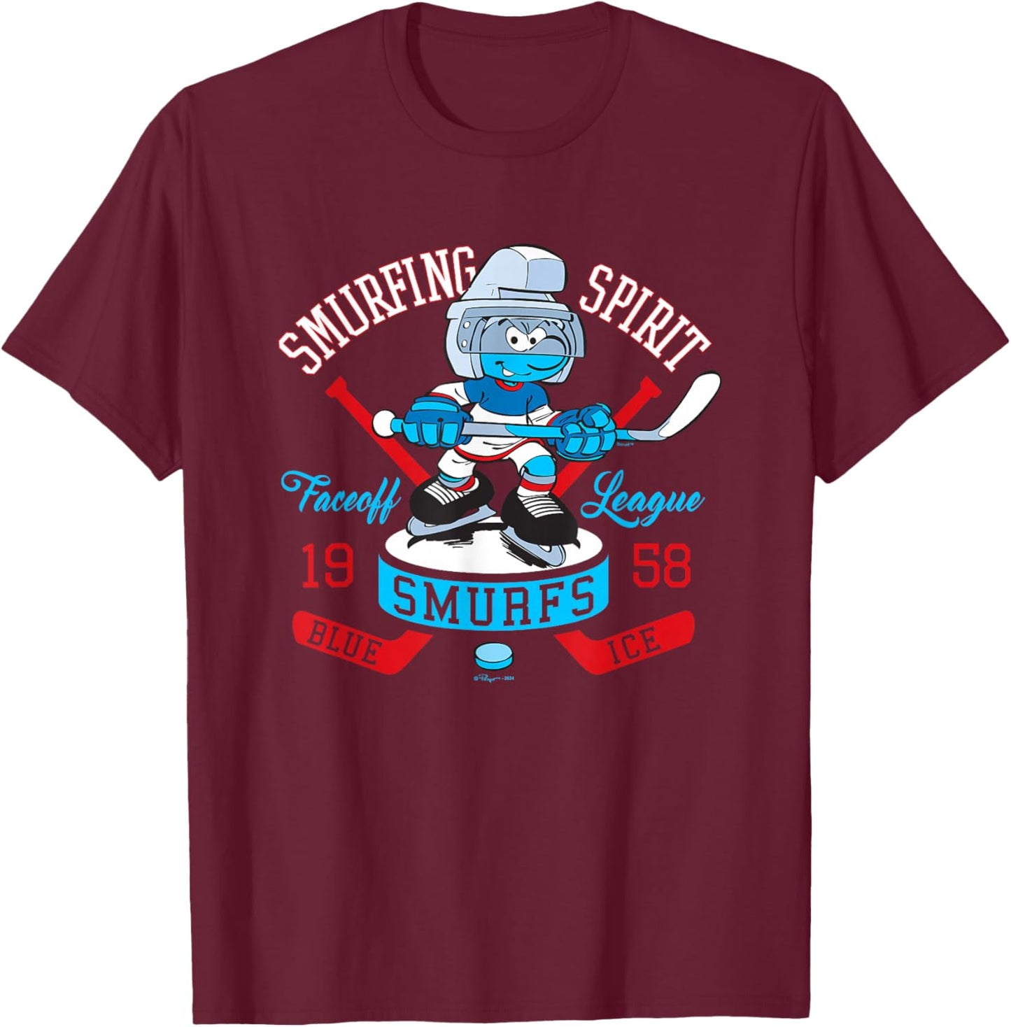 The Smurfs Blue Ice Faceoff Hockey League T-Shirt - T-Shirt | Maroon