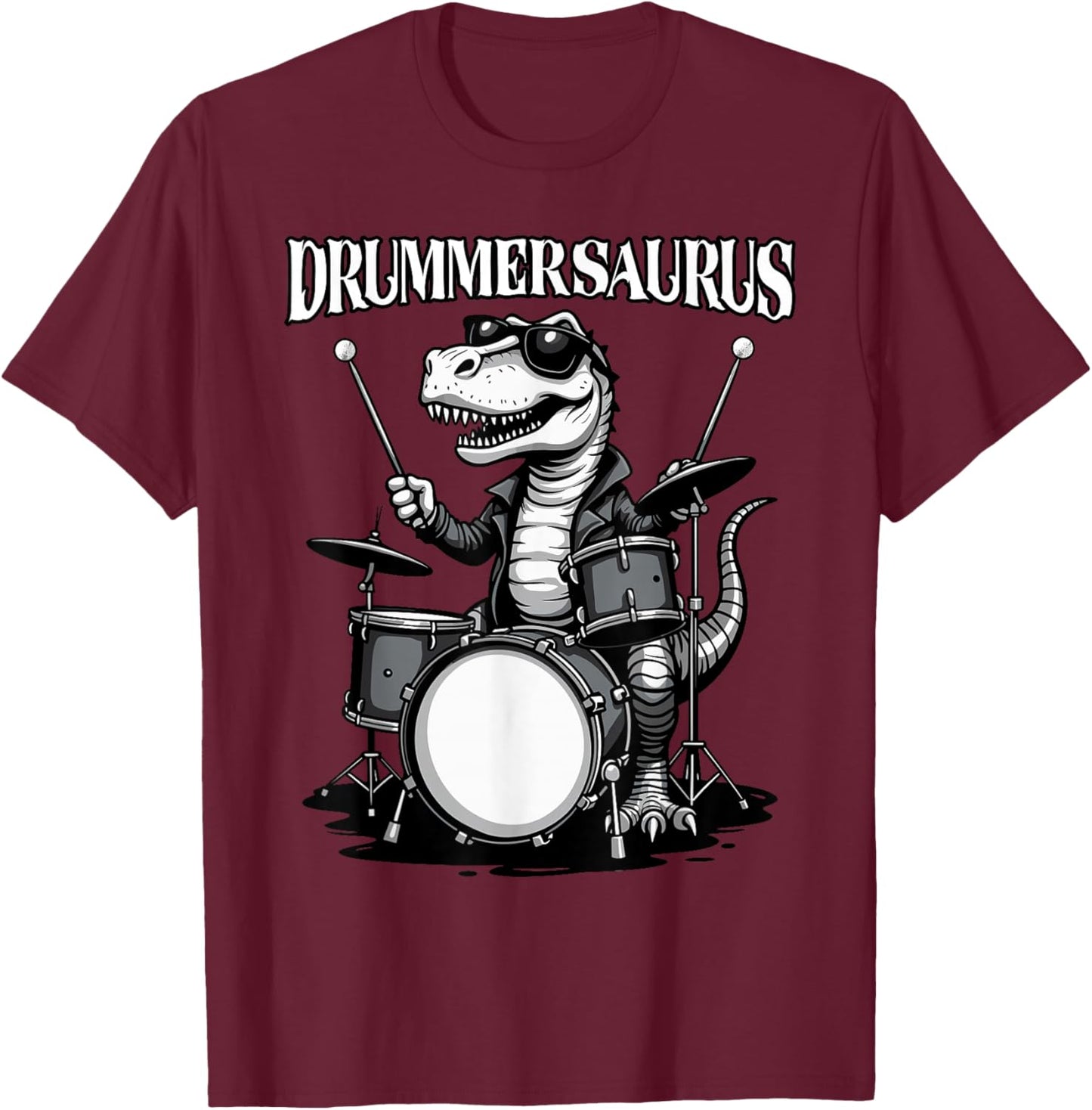 Drummer Men, Drums | Funny Dinosaur, Musician, Drummersaurus T-Shirt - T-Shirt | Maroon