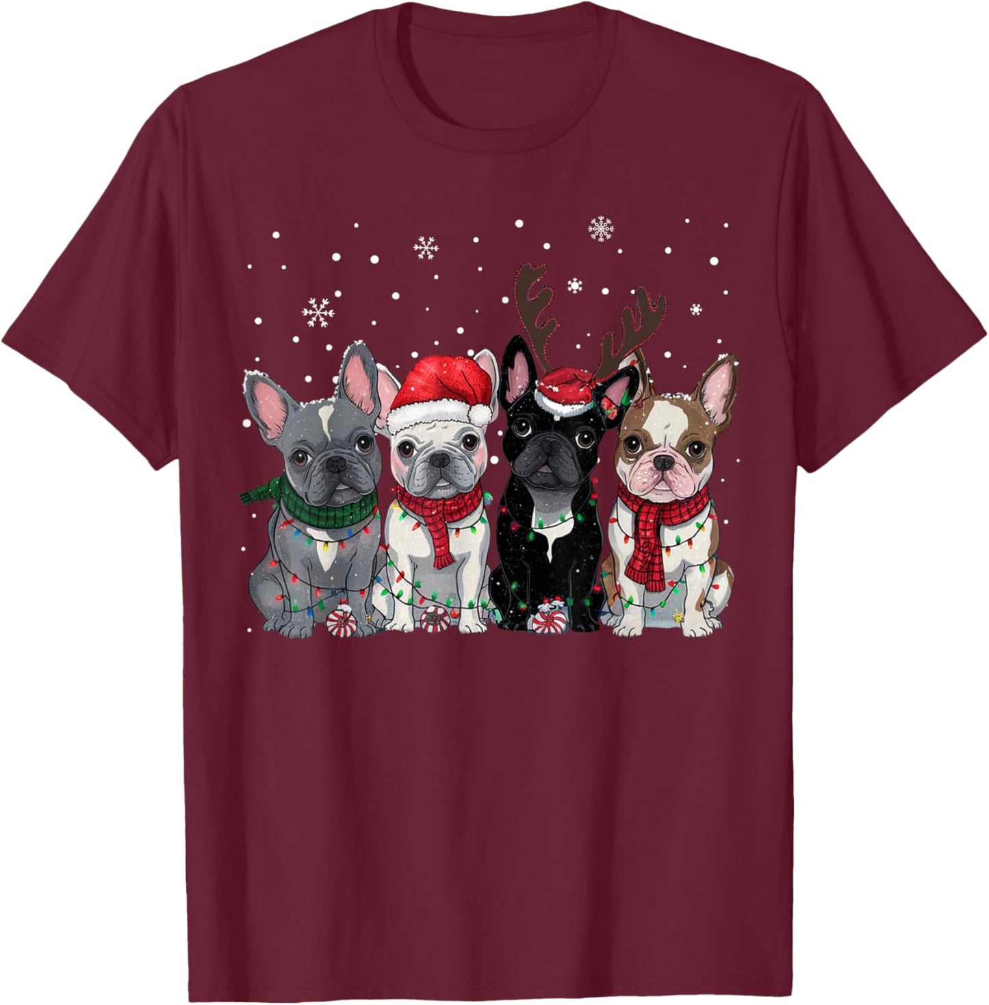 Christmas Lights French Bulldogs Xmas Frenchie Dog Men Kids T-Shirt - T-Shirt | Maroon
