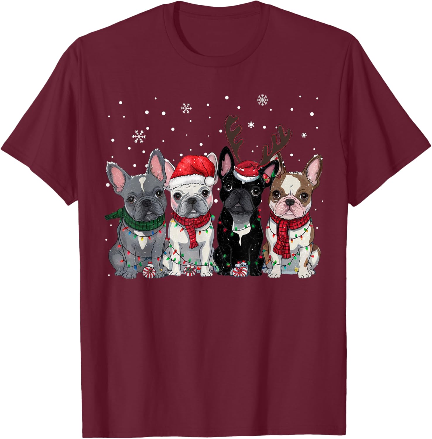 Christmas Lights French Bulldogs Xmas Frenchie Dog Men Kids T-Shirt - T-Shirt | Maroon
