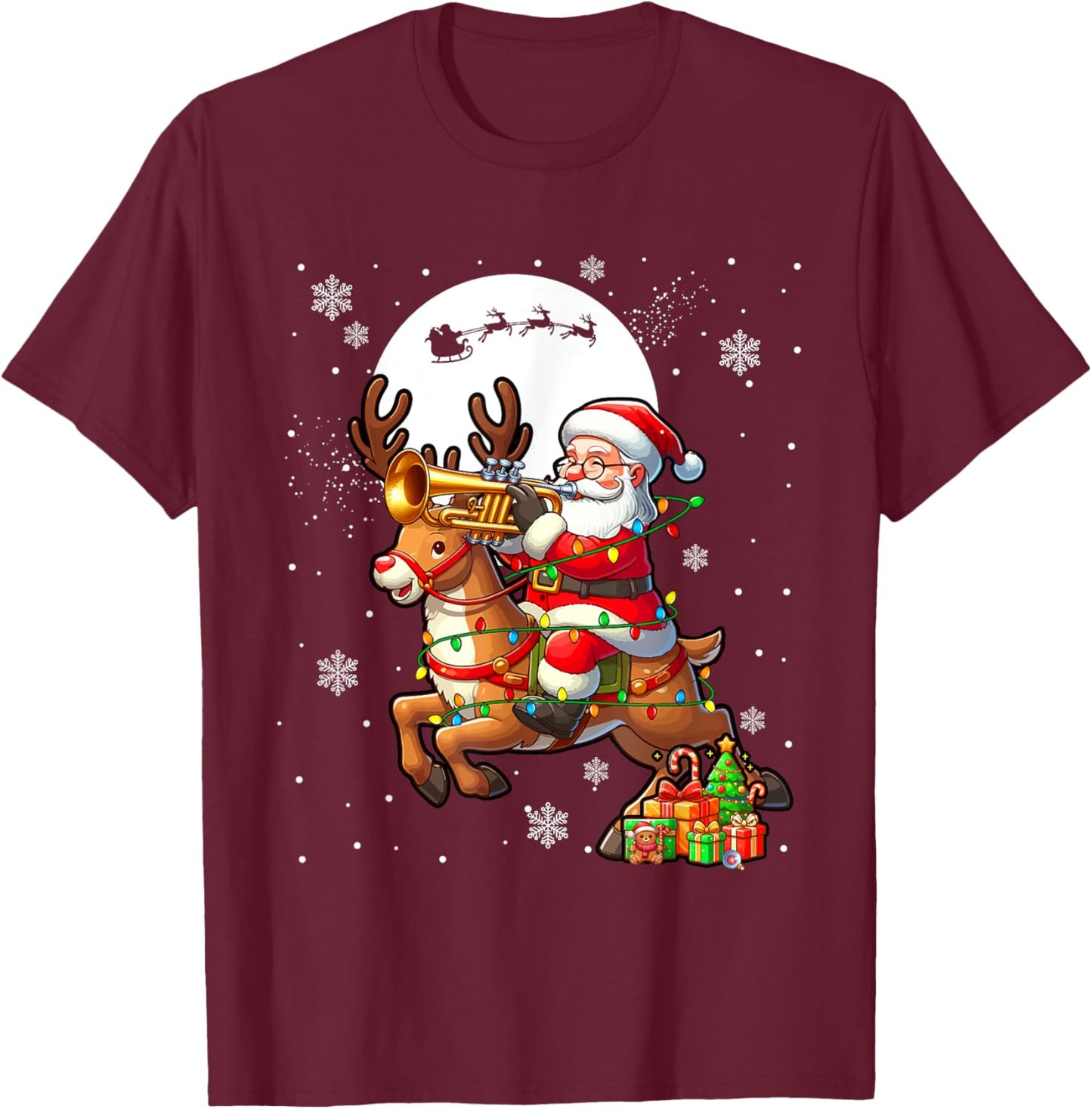 Santa Playing Trumpet On Reindeer Christmas Instrument T-Shirt - T-Shirt | Maroon
