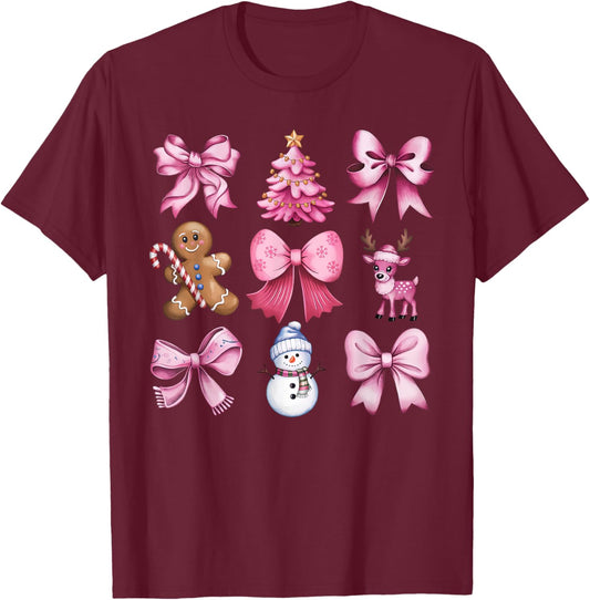 Cute Preppy Pink Christmas Tree Gingerbread Man Snowman Bow T-Shirt - T-Shirt | Maroon