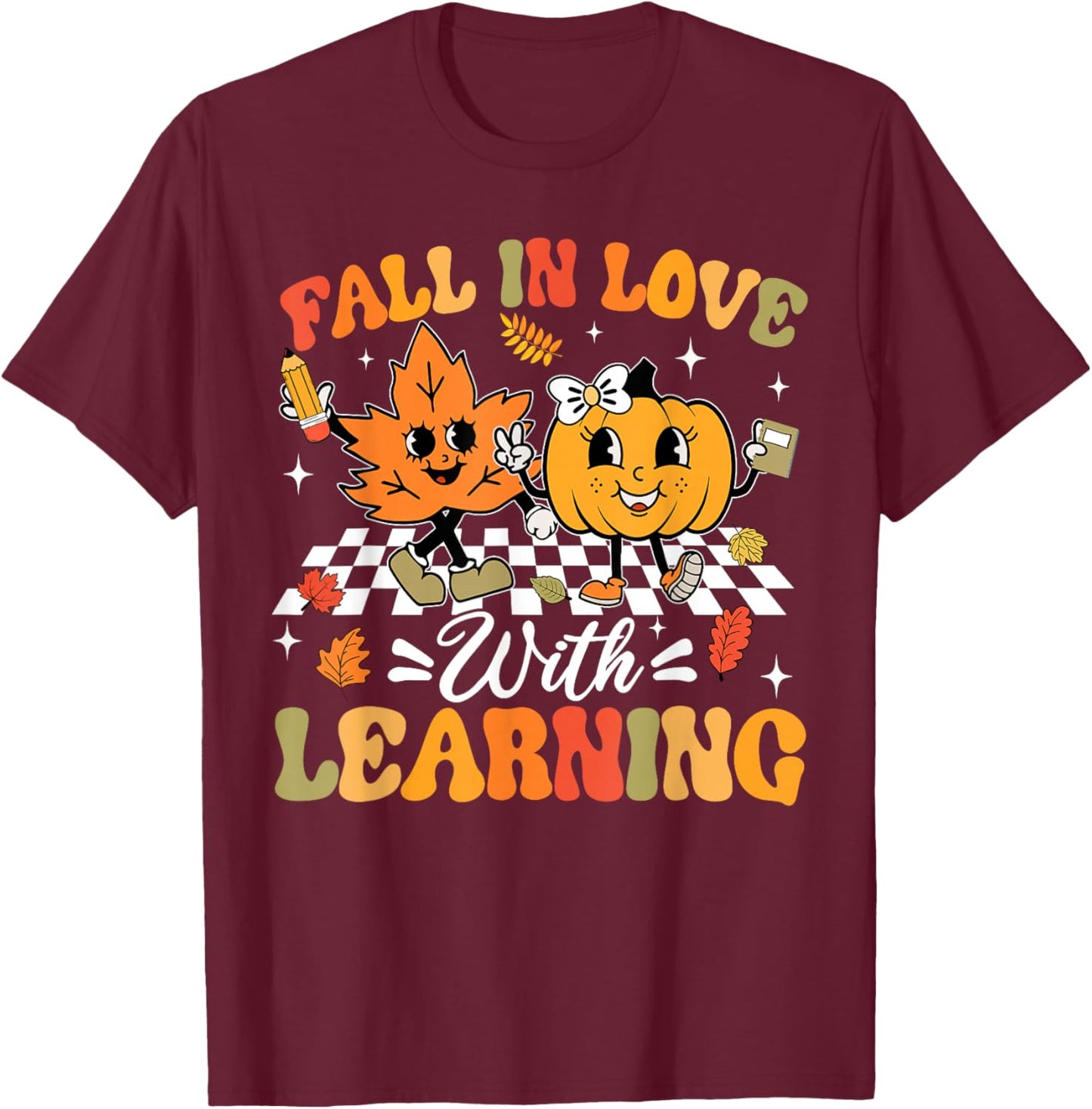 Fall In Love With Learning Fall Teacher Thanksgiving Retro T-Shirt - T-Shirt | Maroon