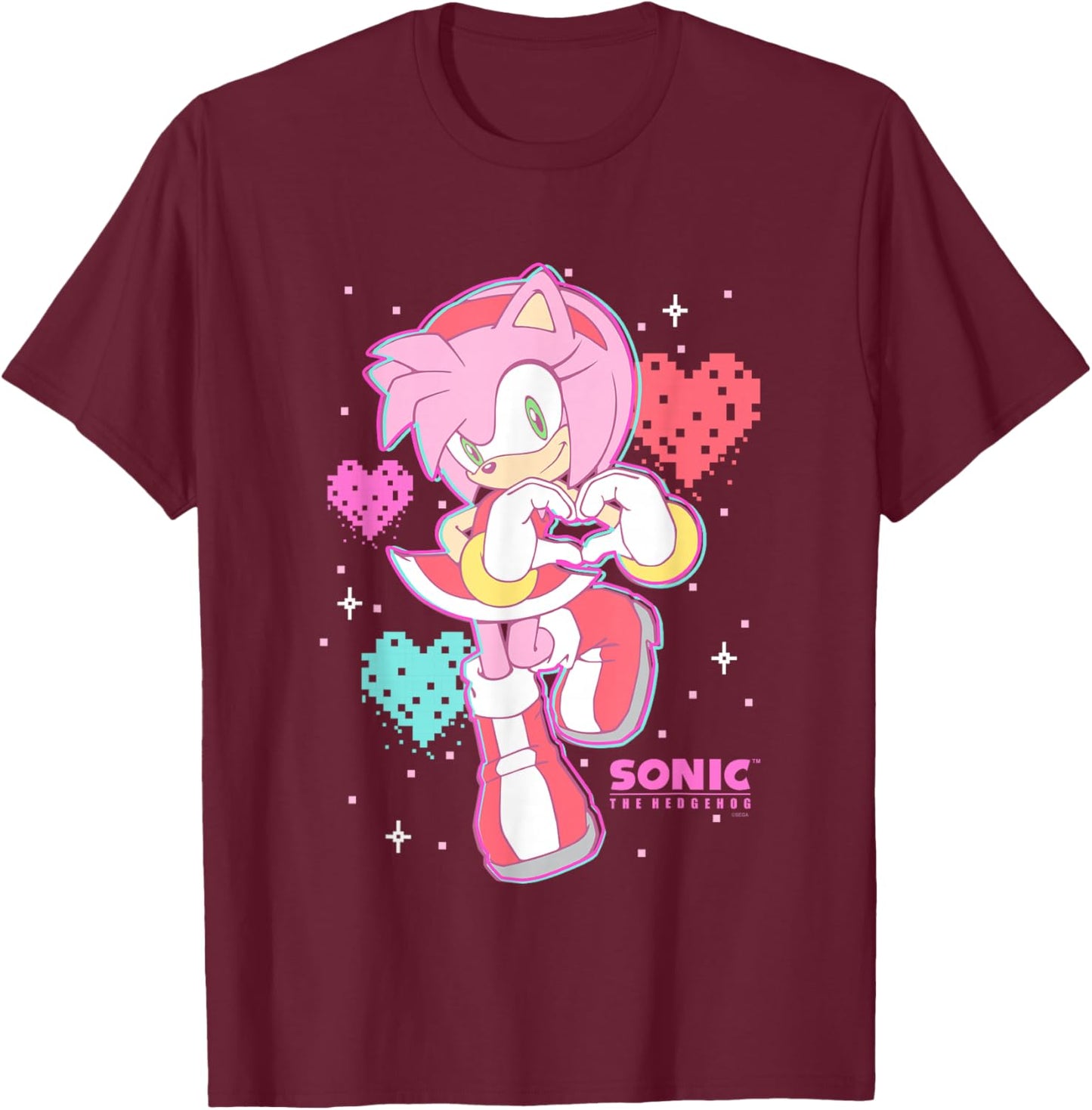 Sonic The Hedgehog Valentine's Day Cute Amy Rose Retro Logo T-Shirt - T-Shirt | Maroon