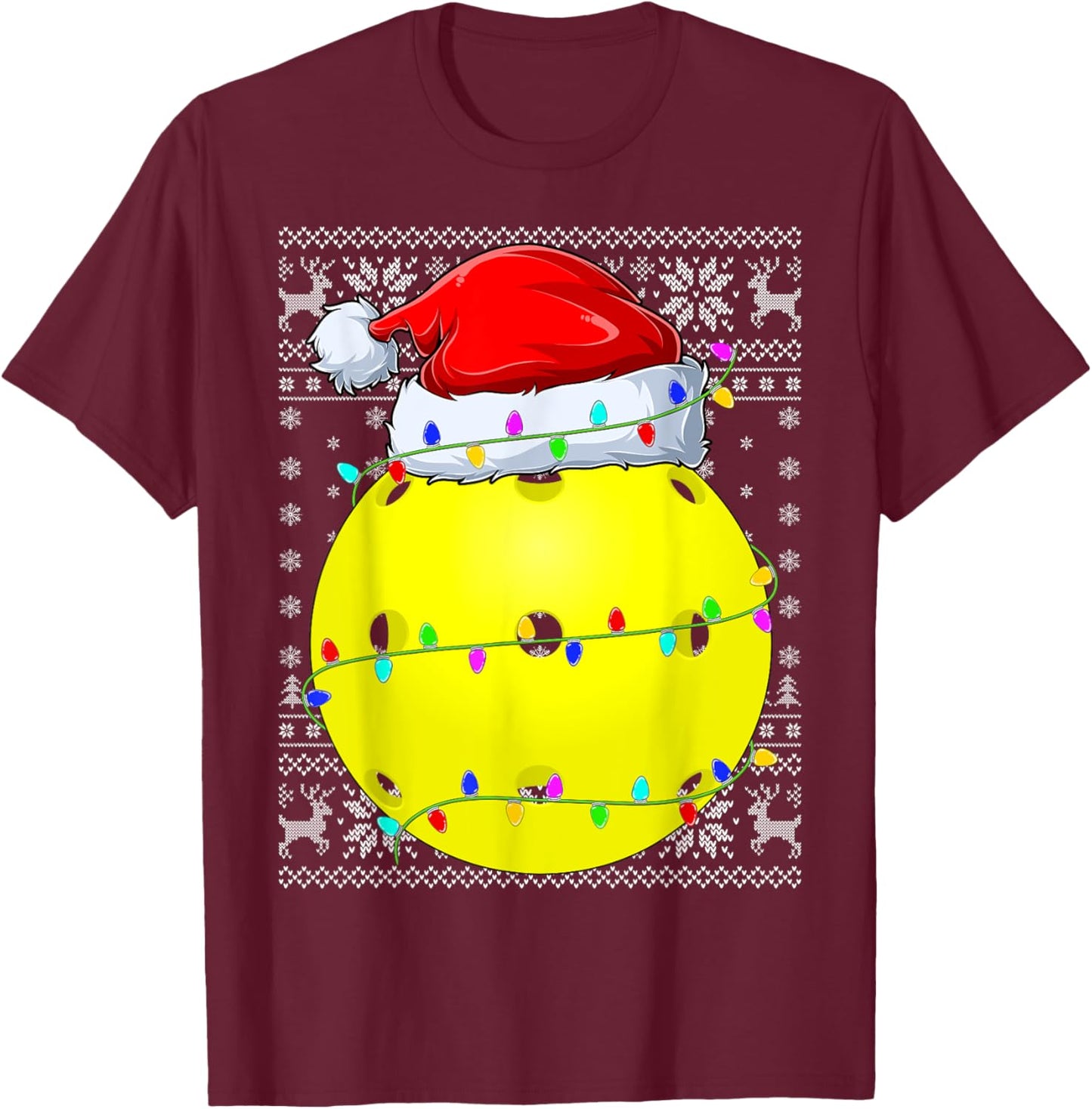Ugly Sweater Sports Player Santa Hat Pickleball Christmas T-Shirt - T-Shirt | Maroon