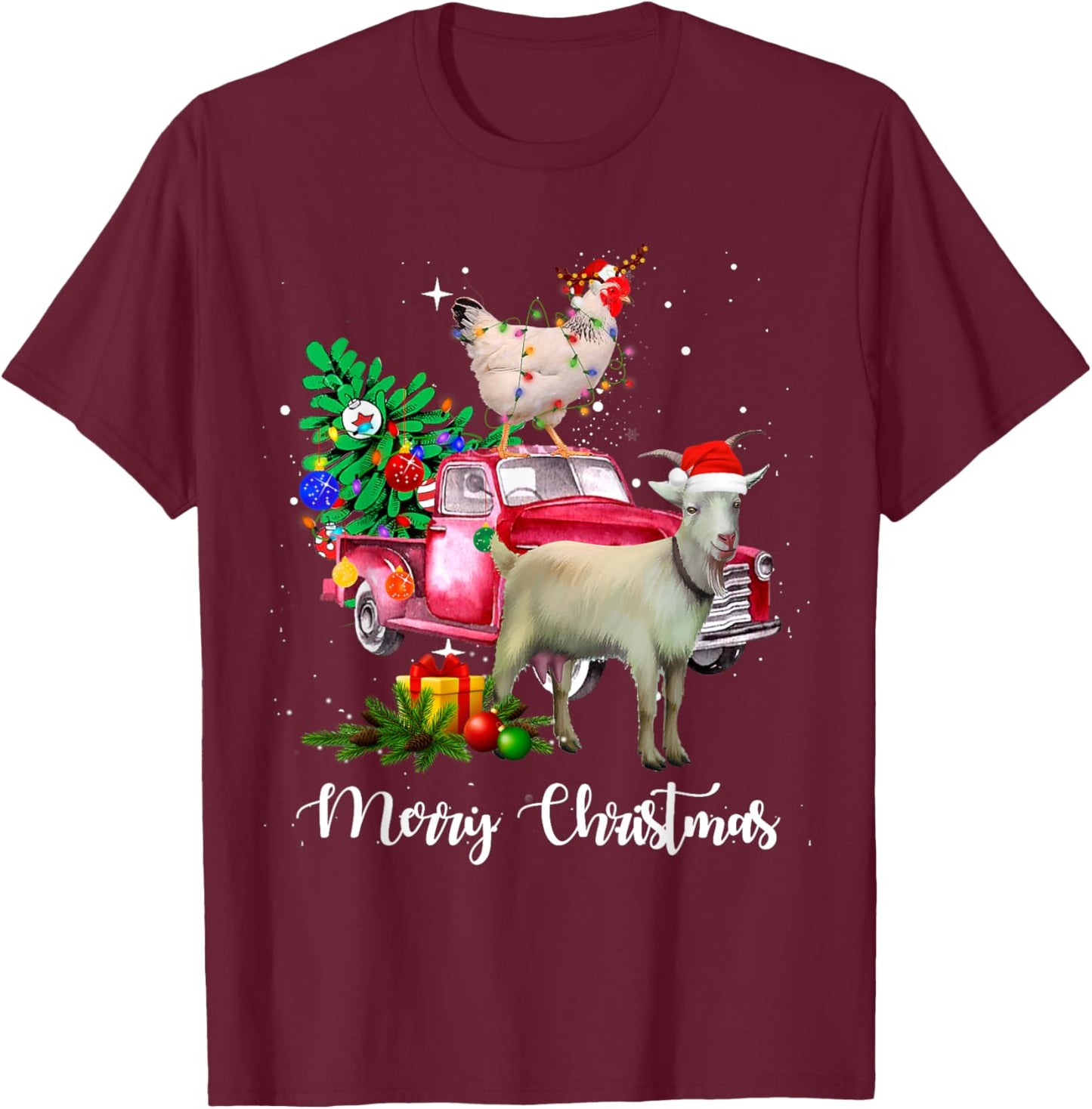 Goat Chicken Christmas Tree Santa Hat Farmer Holiday Costume T-Shirt - T-Shirt | Maroon