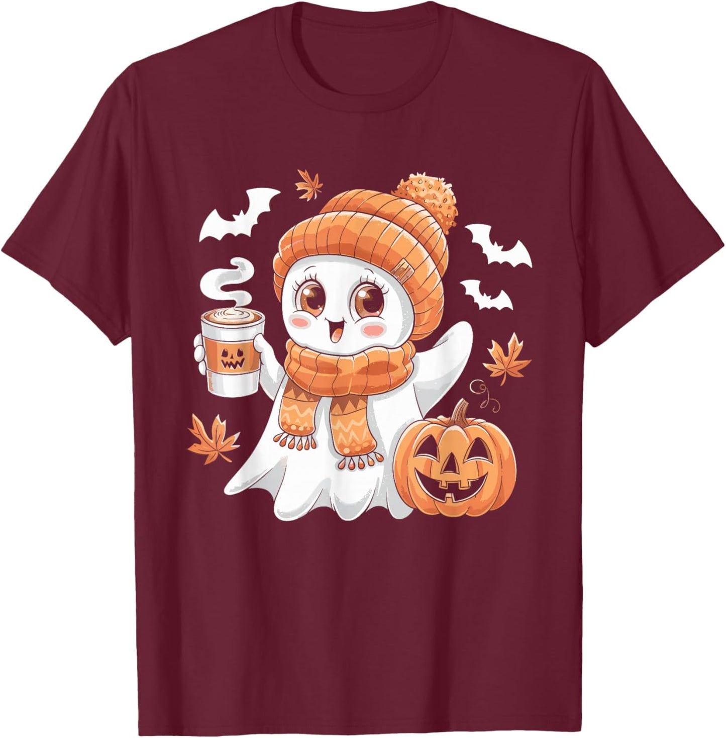 Cute Ghost Drinking Coffee Halloween Ghost Ice Coffee T-Shirt - T-Shirt | Maroon