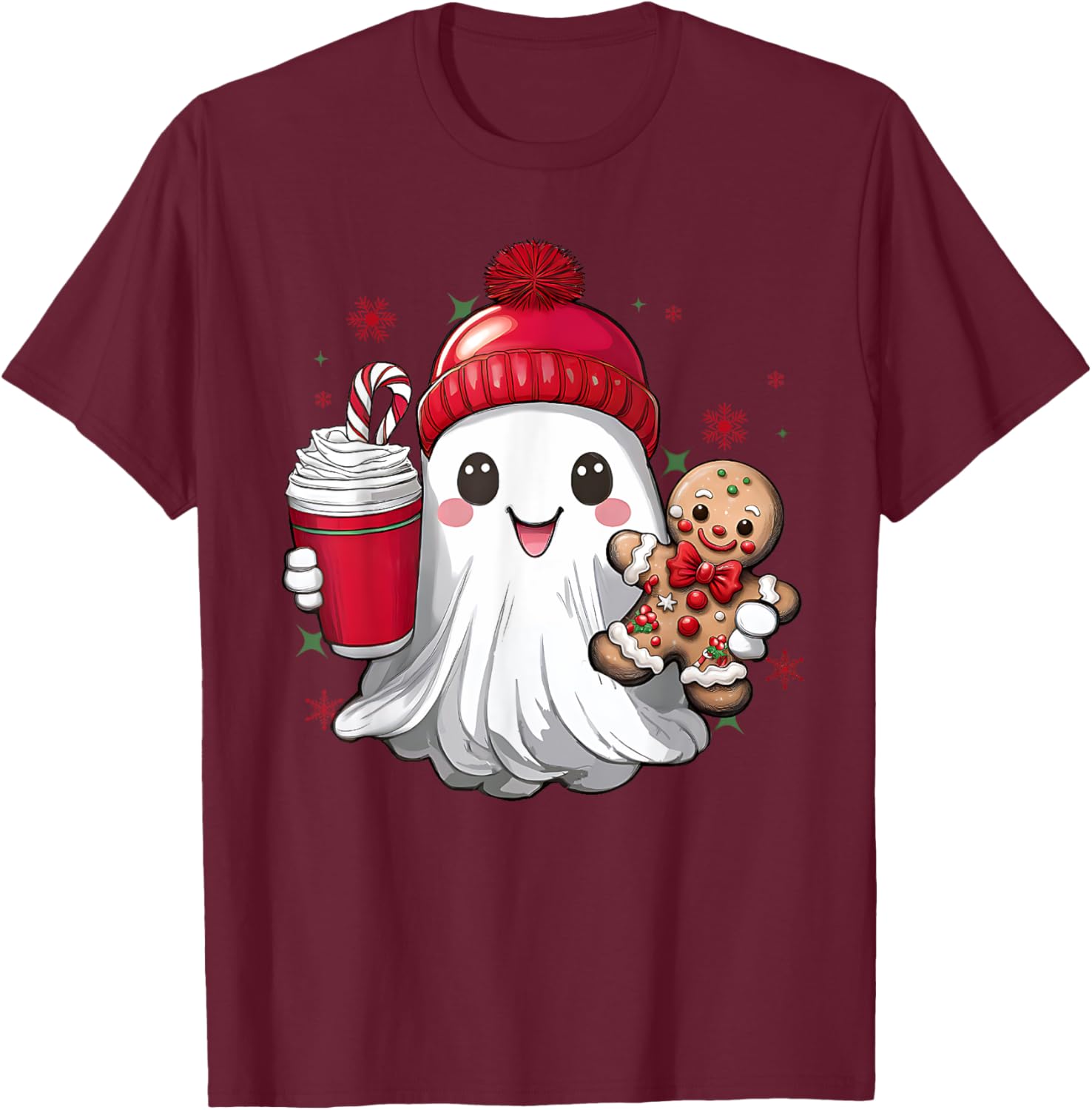 Cute Christmas Ghost Coffee Gingerbread Boojee Xmas Holiday T-Shirt - T-Shirt | Maroon