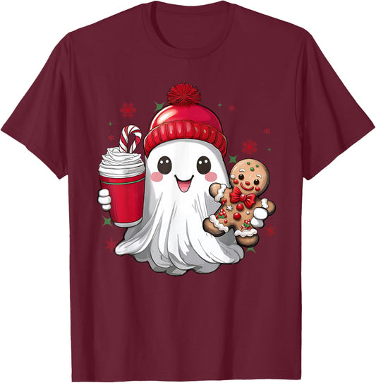 Cute Christmas Ghost Coffee Gingerbread Boojee Xmas Holiday T-Shirt - T-Shirt | Maroon