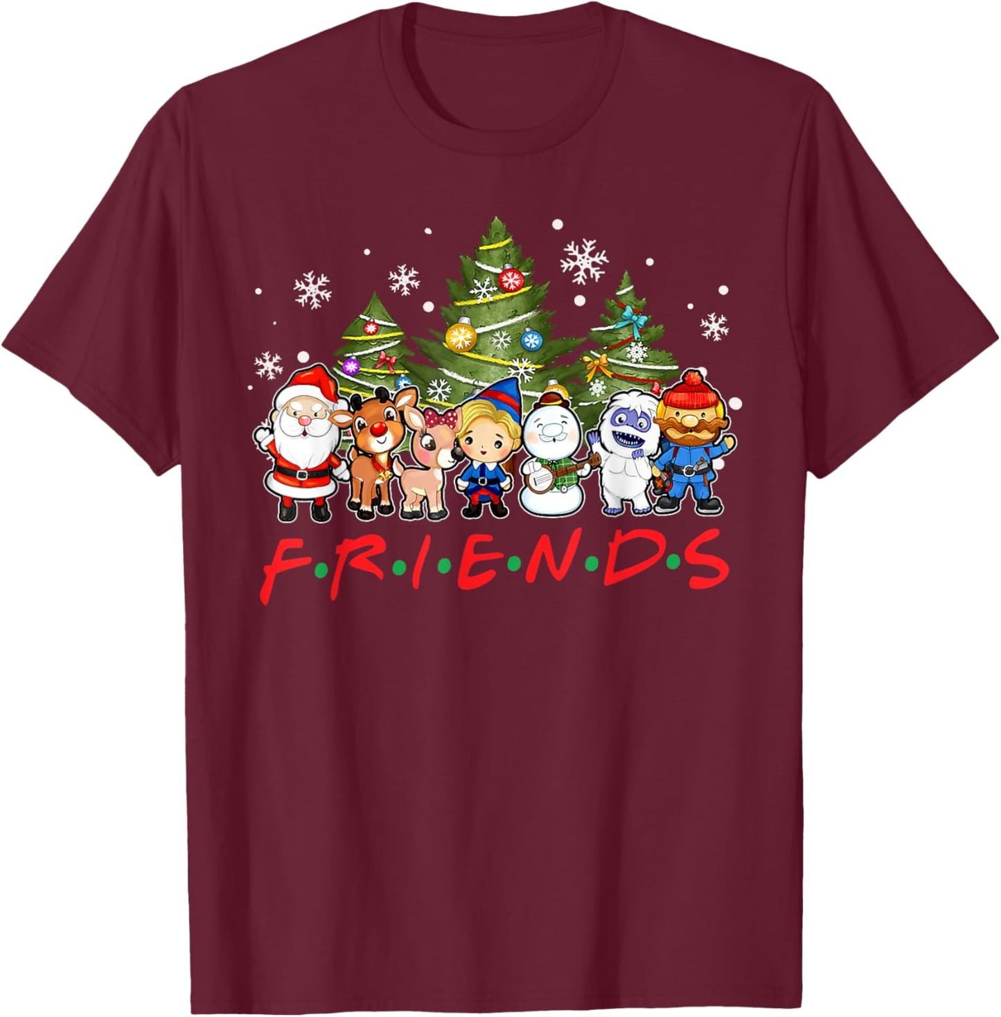 Christmas Santa Friends Rudolph Snowman Family Xmas Holiday T-Shirt - T-Shirt | Maroon