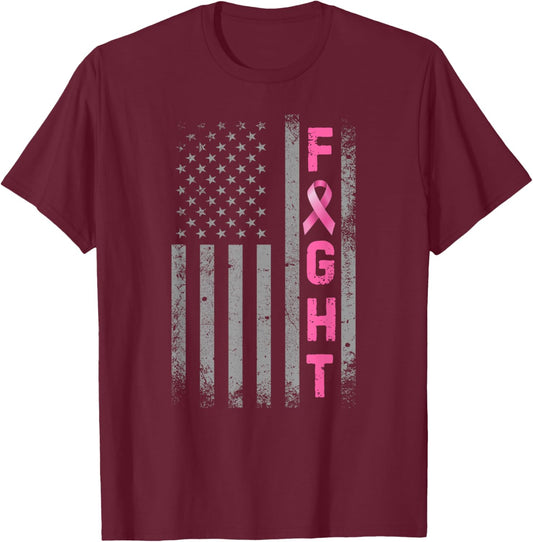 Fight Breast Cancer Awareness Pink Ribbon USA American Flag T-Shirt - T-Shirt | Maroon