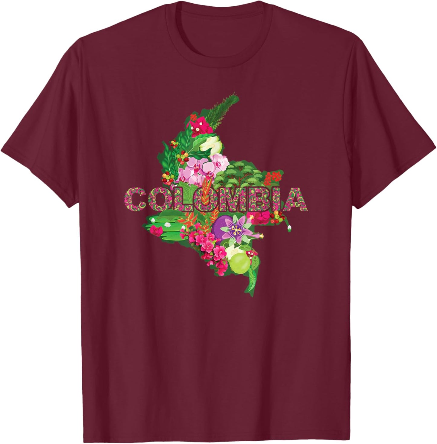Colombia Botanical Map - Colombian Heritage Souvenir T-Shirt - T-Shirt | Maroon