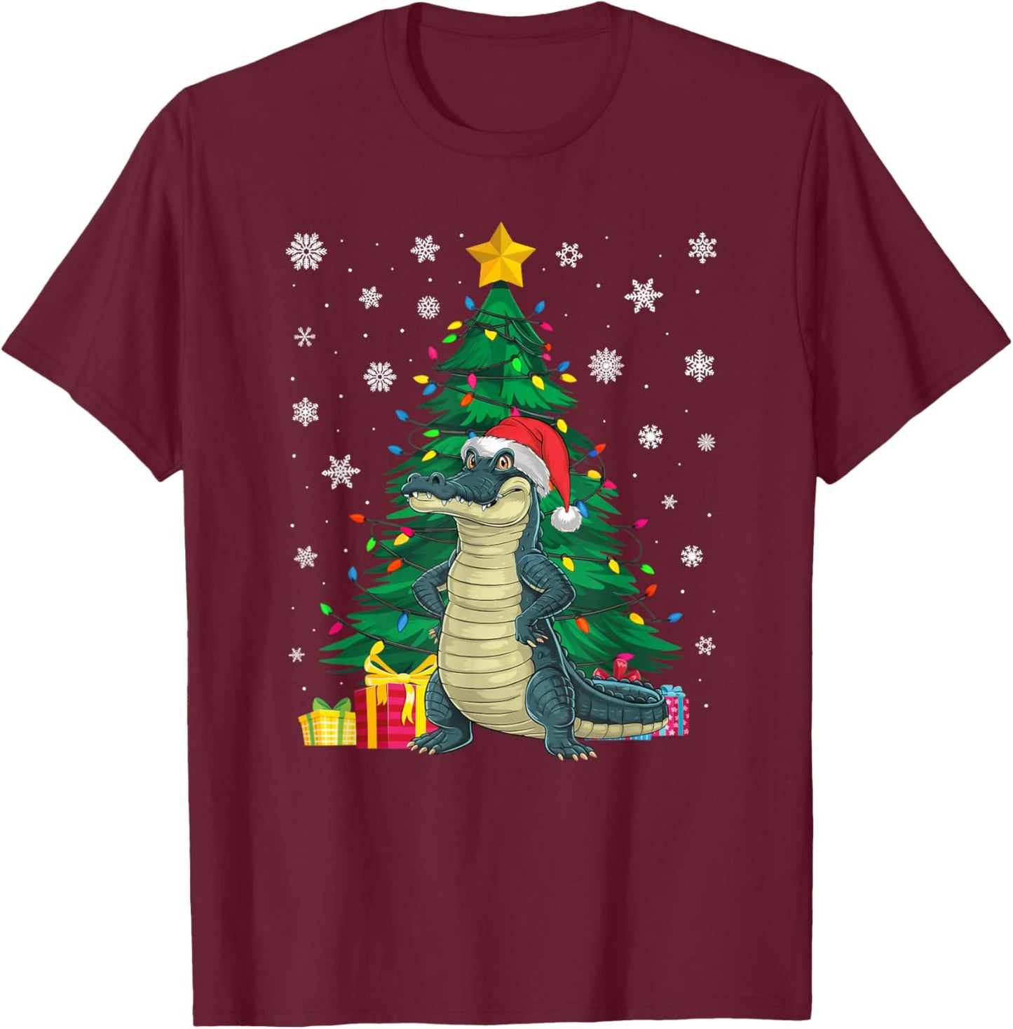 Ugly Sweater Christmas Tree Lights Alligator Santa Hat Xmas T-Shirt - T-Shirt | Maroon