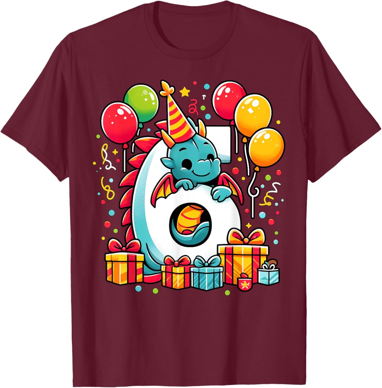 Kids Dragon Theme sixth Bday Party 6th Dragon Birthday T-Shirt - T-Shirt | Maroon