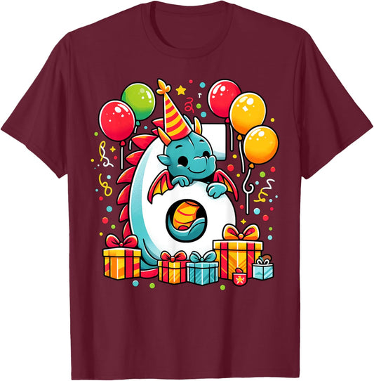 Kids Dragon Theme sixth Bday Party 6th Dragon Birthday T-Shirt - T-Shirt | Maroon
