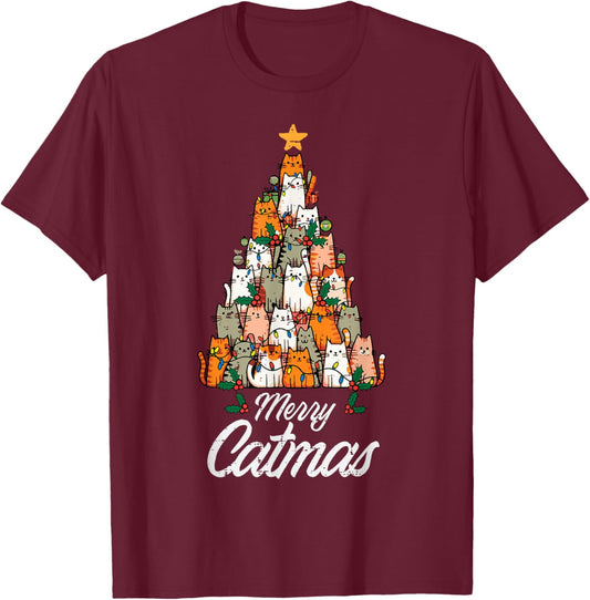 Christmas Tree Cat Merry Catmas Kawaii Xmas Women Girls Kids T-Shirt - T-Shirt | Maroon