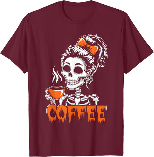 Halloween Skeleton Messy Bun Coffee Funny Costume Mom Women T-Shirt - T-Shirt | Maroon