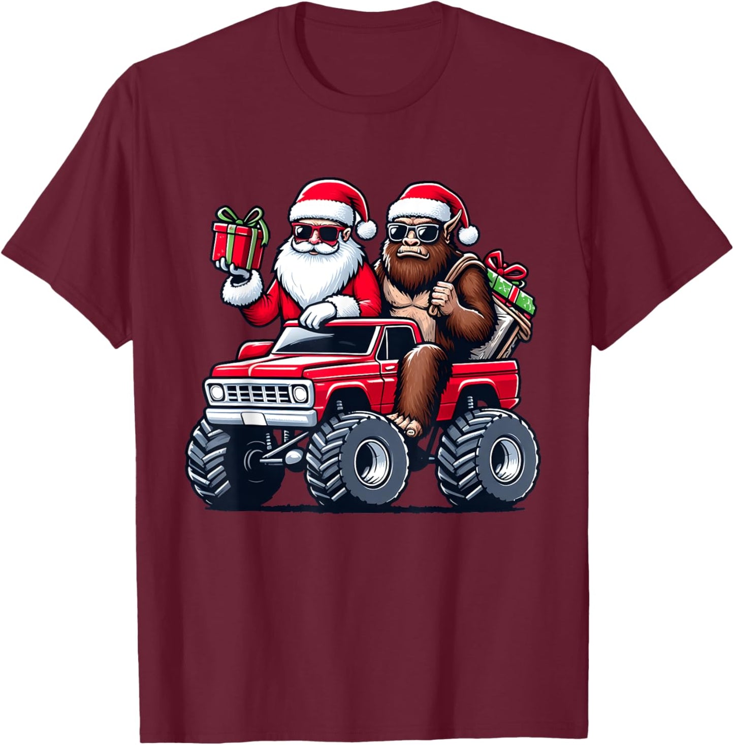 Santa Bigfoot Riding Monster Truck Christmas Toddler Kids T-Shirt - T-Shirt | Maroon