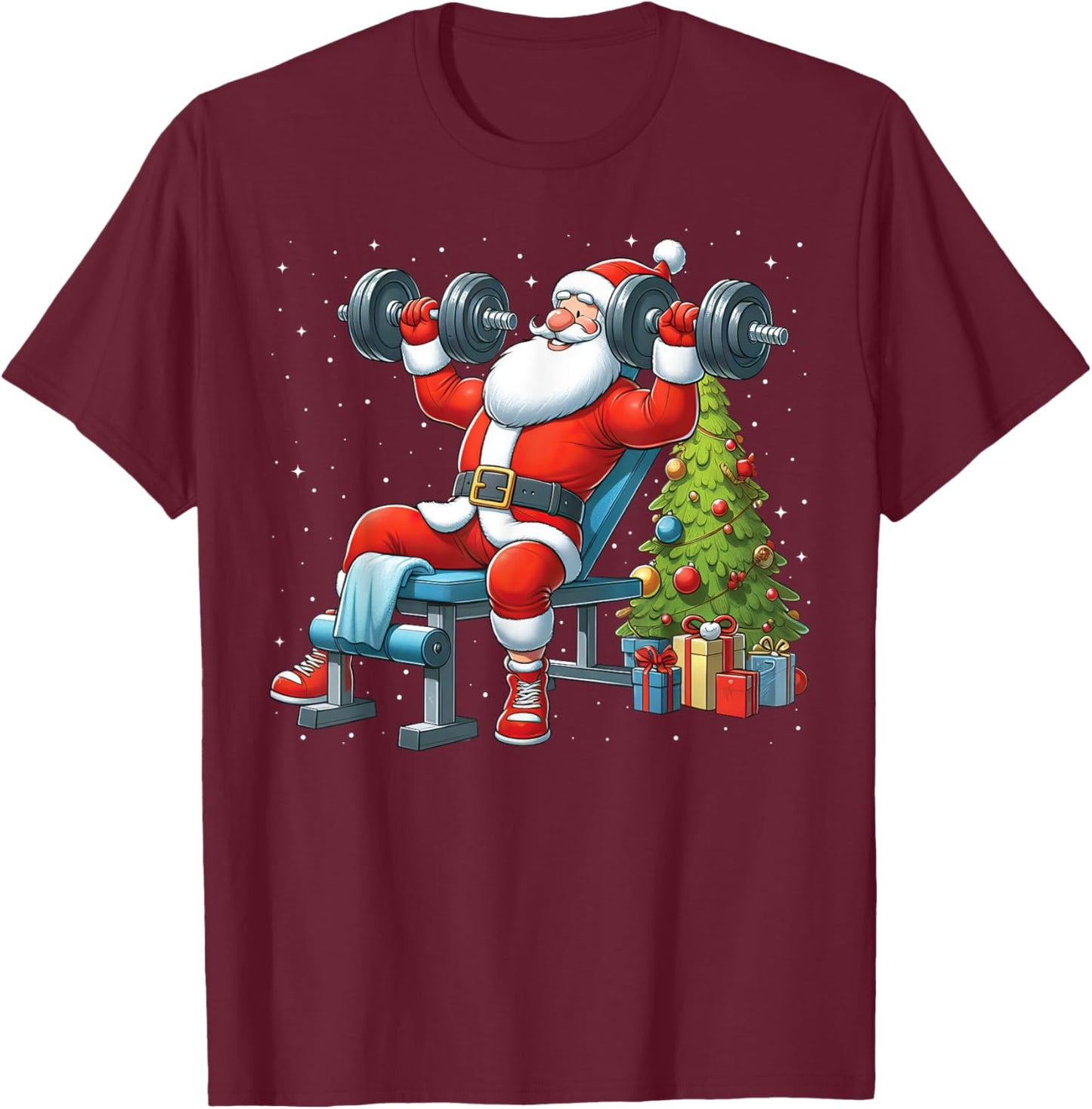 Santa Weightlifting Gym Workout Fitness Christmas Tree Xmas T-Shirt - T-Shirt | Maroon