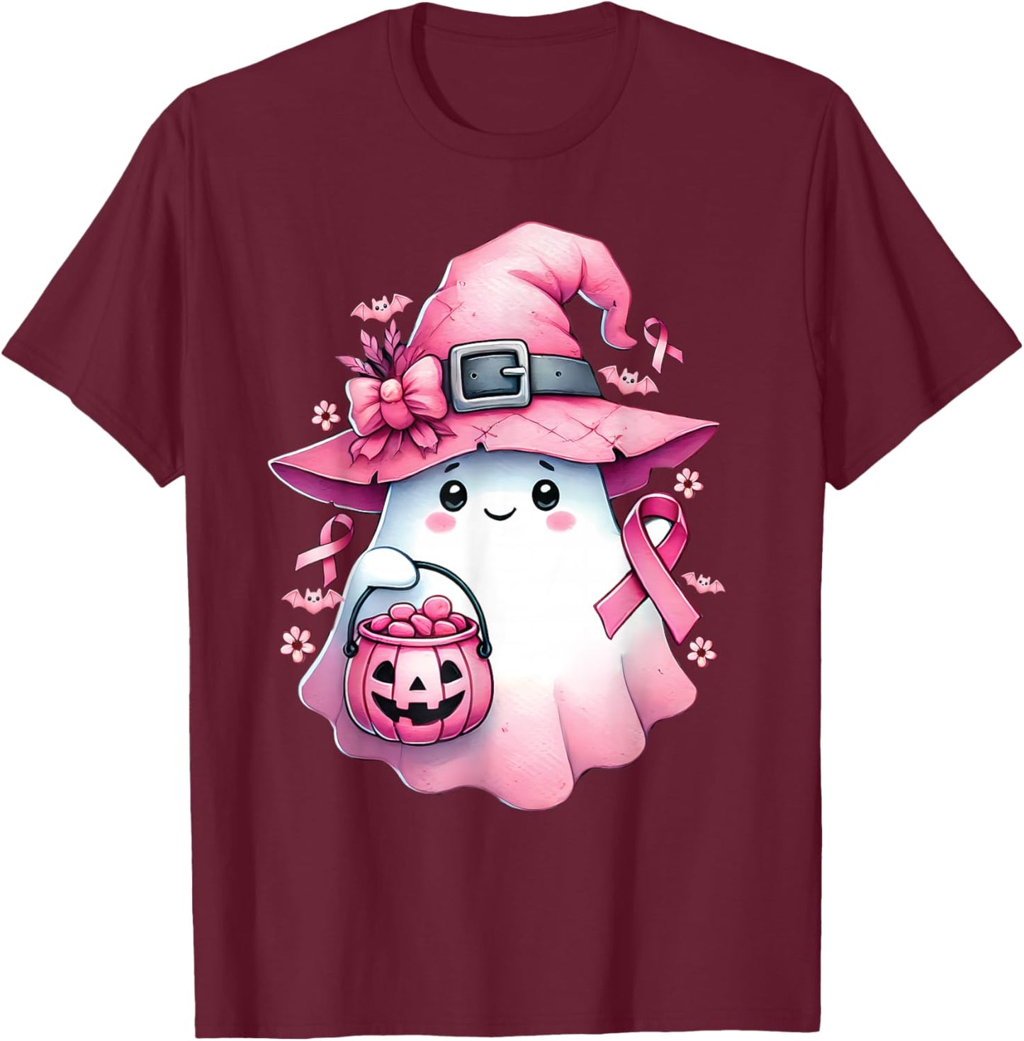 In October We Wear Pink Cute Ghost Pumpkin Breast Cancer T-Shirt - T-Shirt | Maroon
