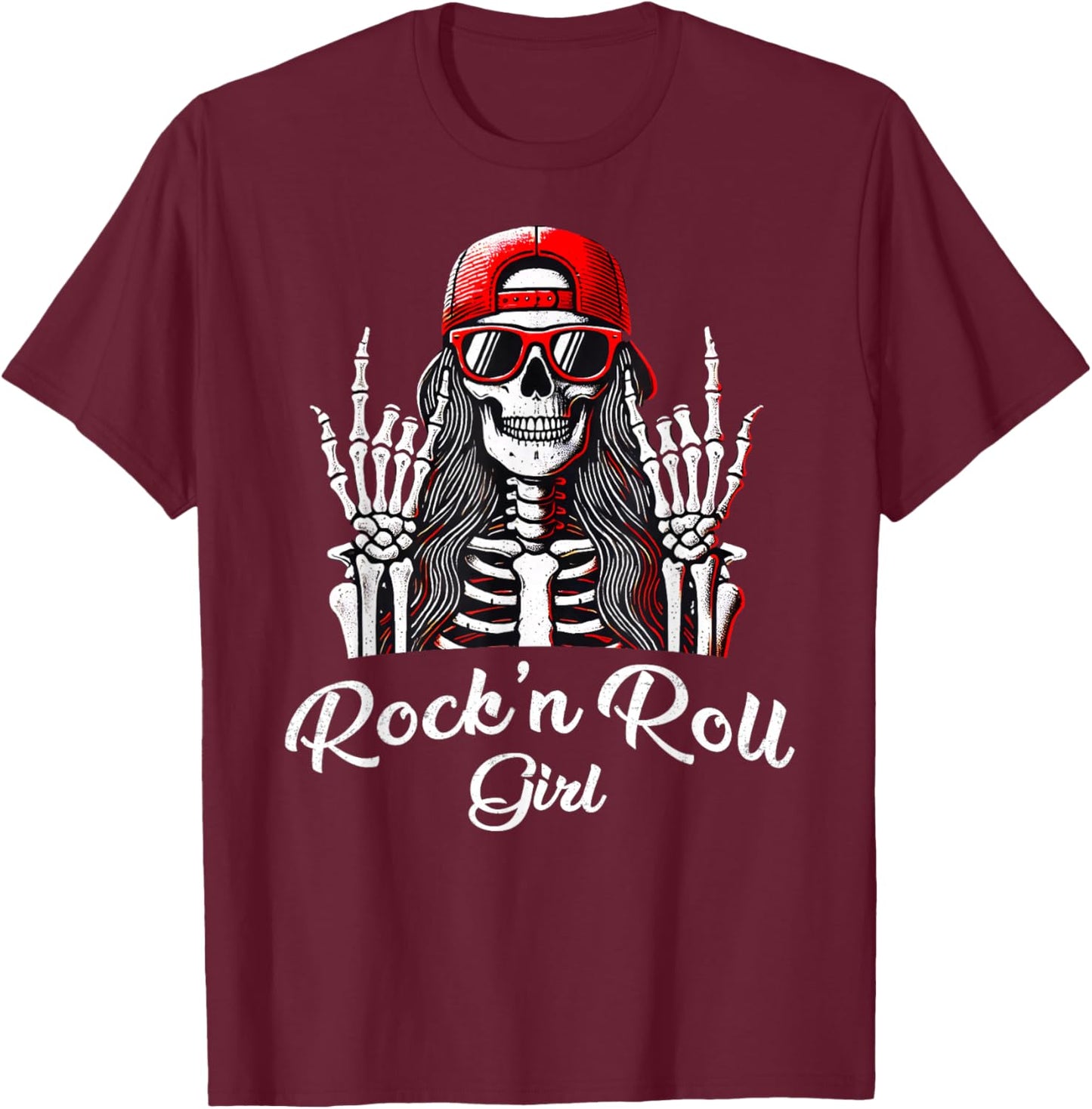 Rock'n Roll Girl, Skeleton Rocker Cool Punk Rock, Rock Music T-Shirt - T-Shirt | Maroon
