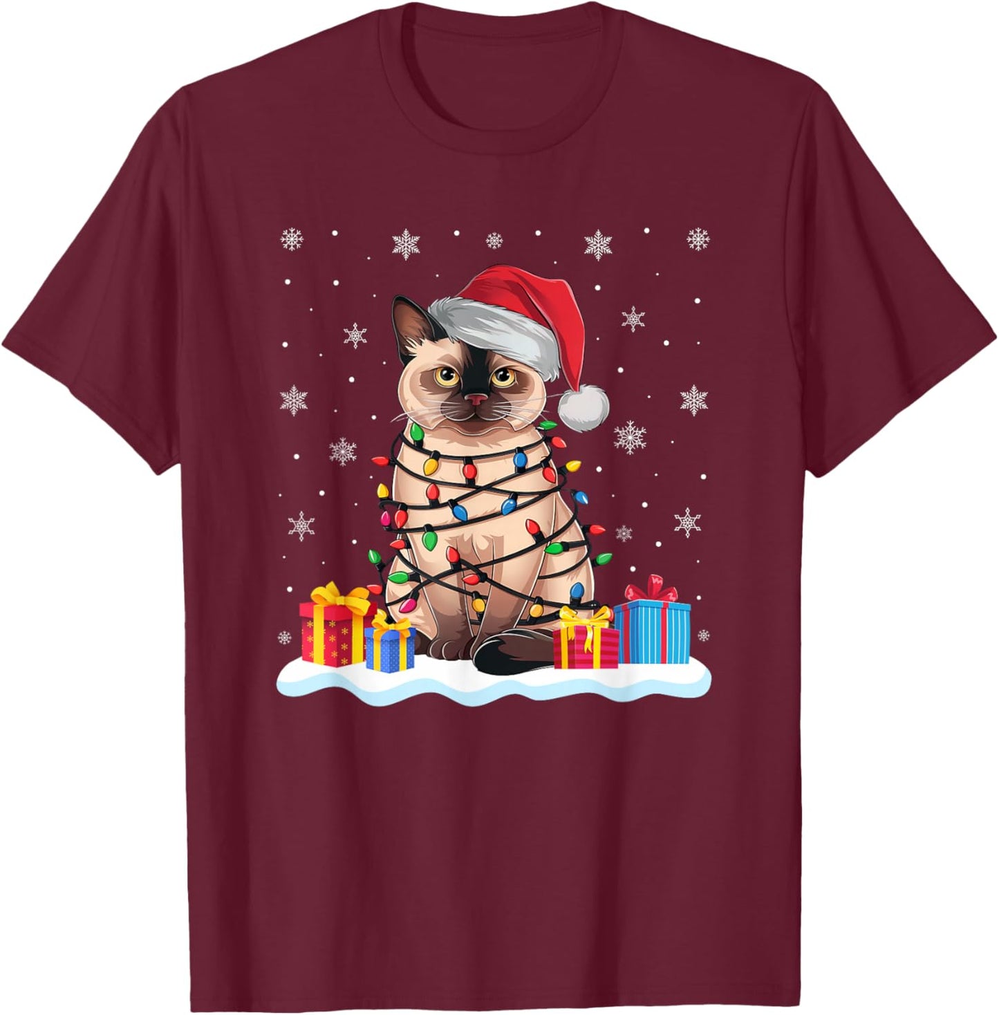 Siamese Cat Santa Hat Christmas Tree Light Xmas Pajama T-Shirt - T-Shirt | Maroon