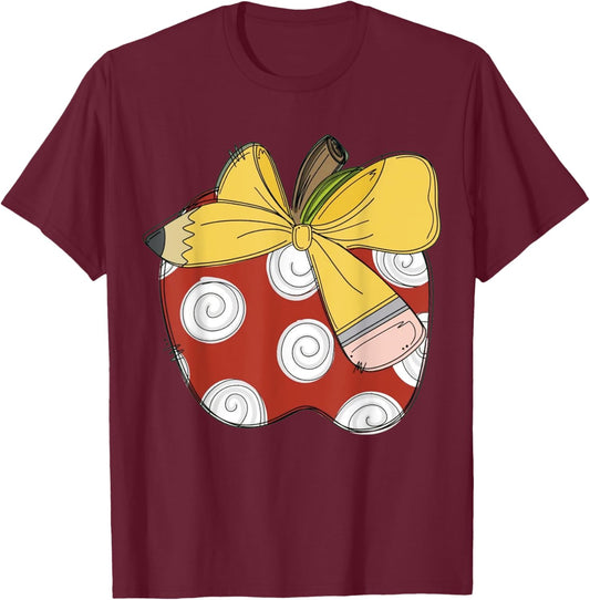 Teacher Coquette Pencil Bow And Apple Teacher T-Shirt - T-Shirt | Maroon