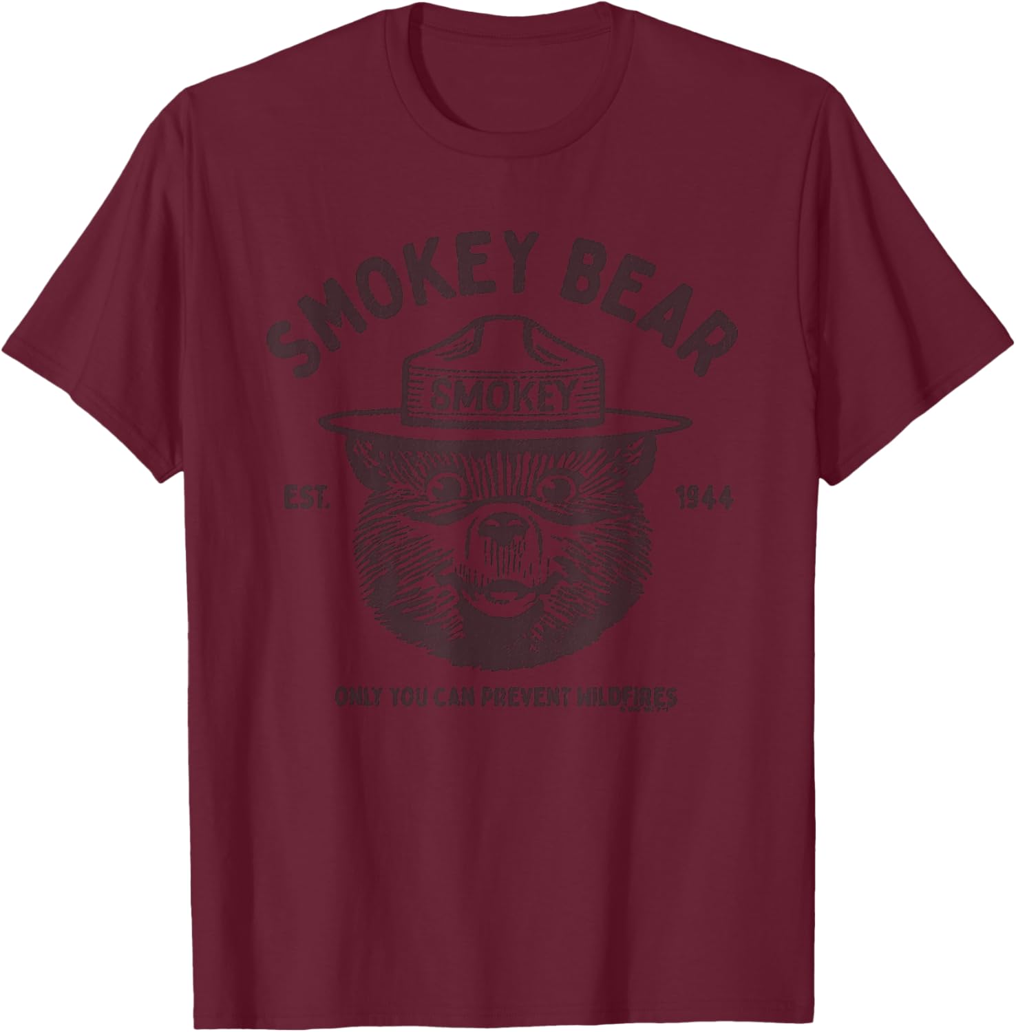 Officially Licensed Vintage Smokey Bear Distressed Logo T-Shirt - T-Shirt | Maroon