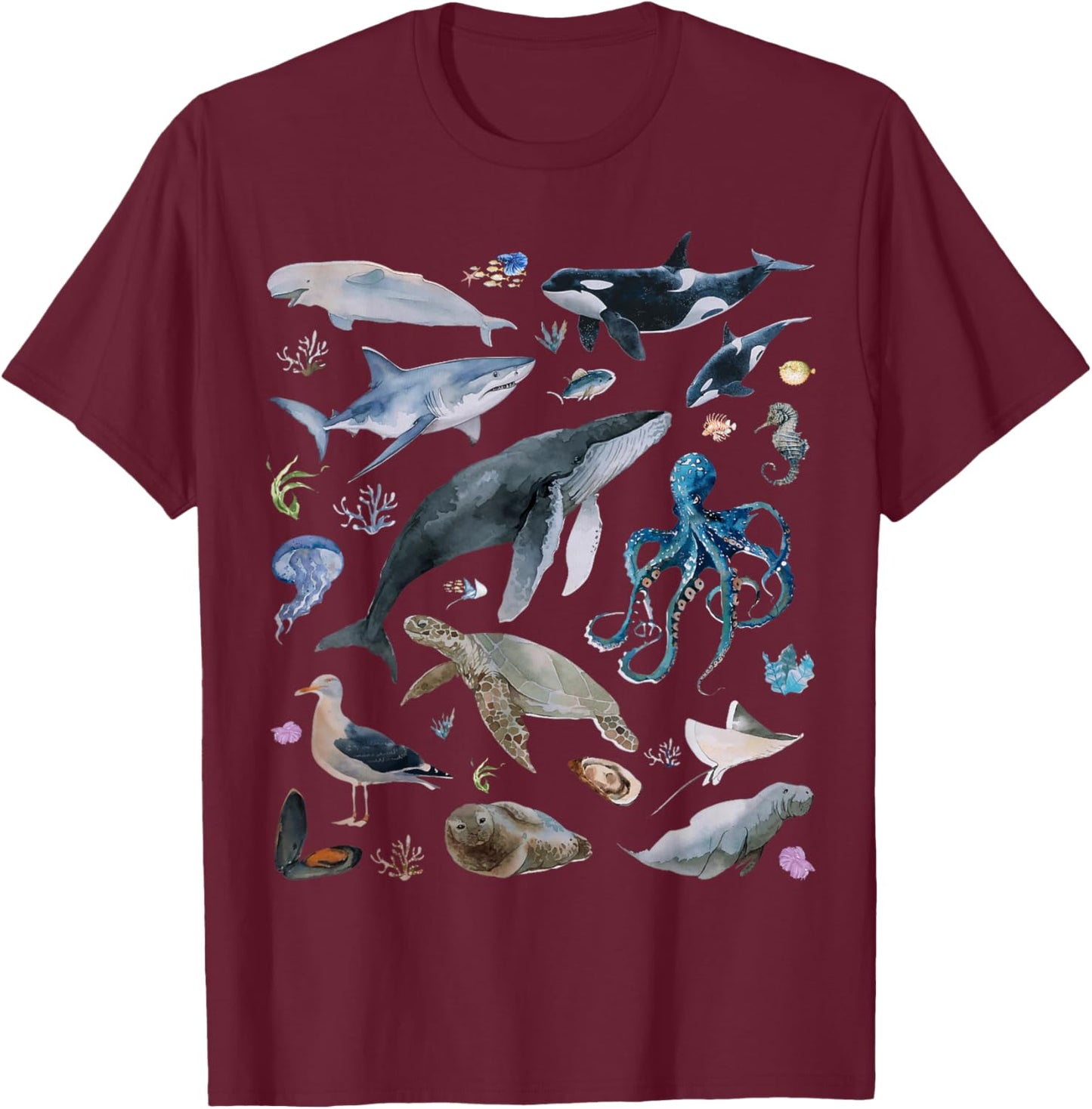 Vintage Ocean Animal Wildlife Shark Turtle Octopus Fish T-Shirt - T-Shirt | Maroon
