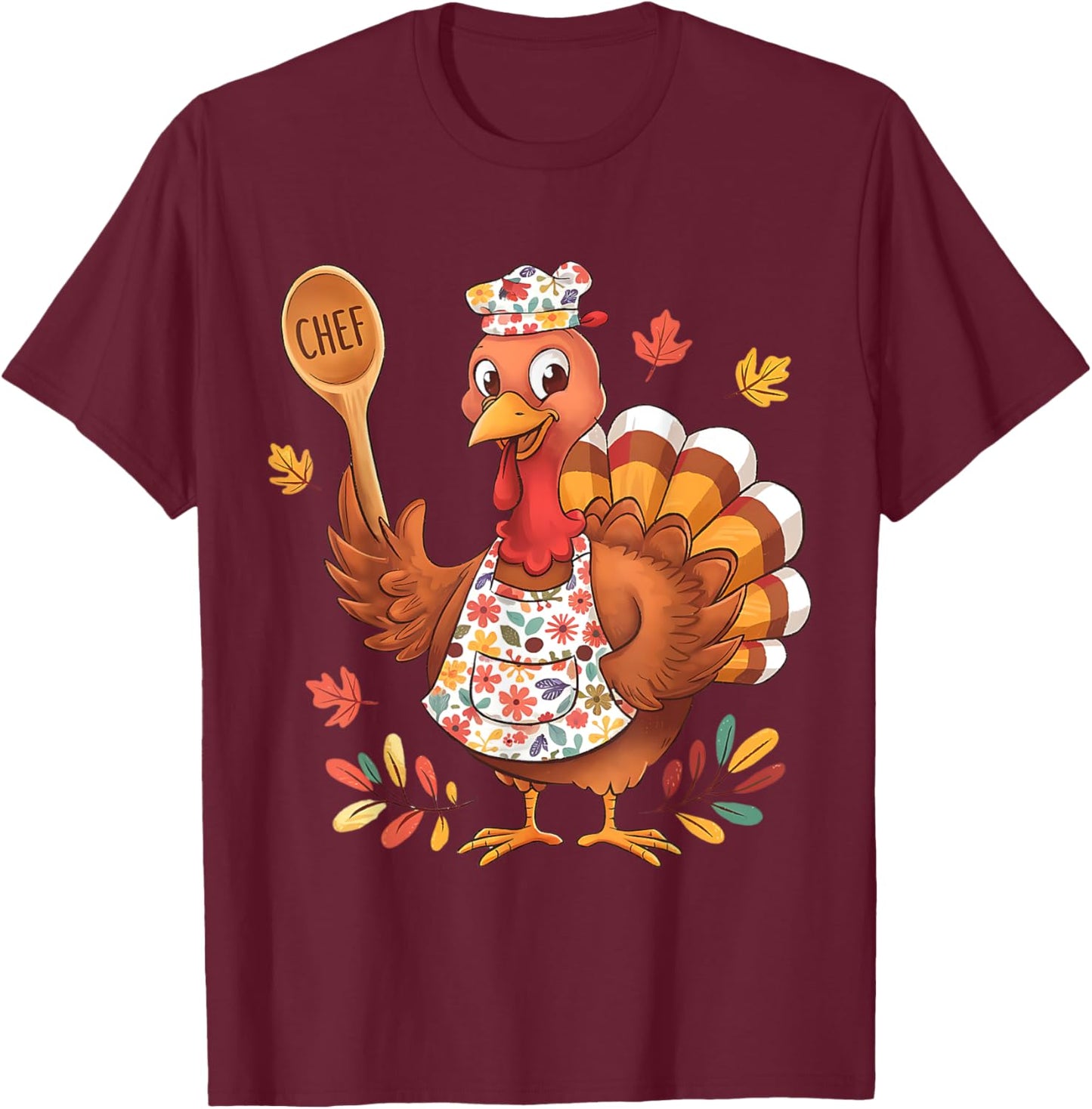 Funny Thanksgiving Chef Turkey Cute Fall Cooking Design T-Shirt - T-Shirt | Maroon