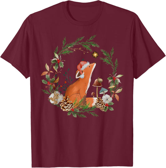 Cottagecore Mushroom Fox Christmas Flower Botanical Floral T-Shirt - T-Shirt | Maroon