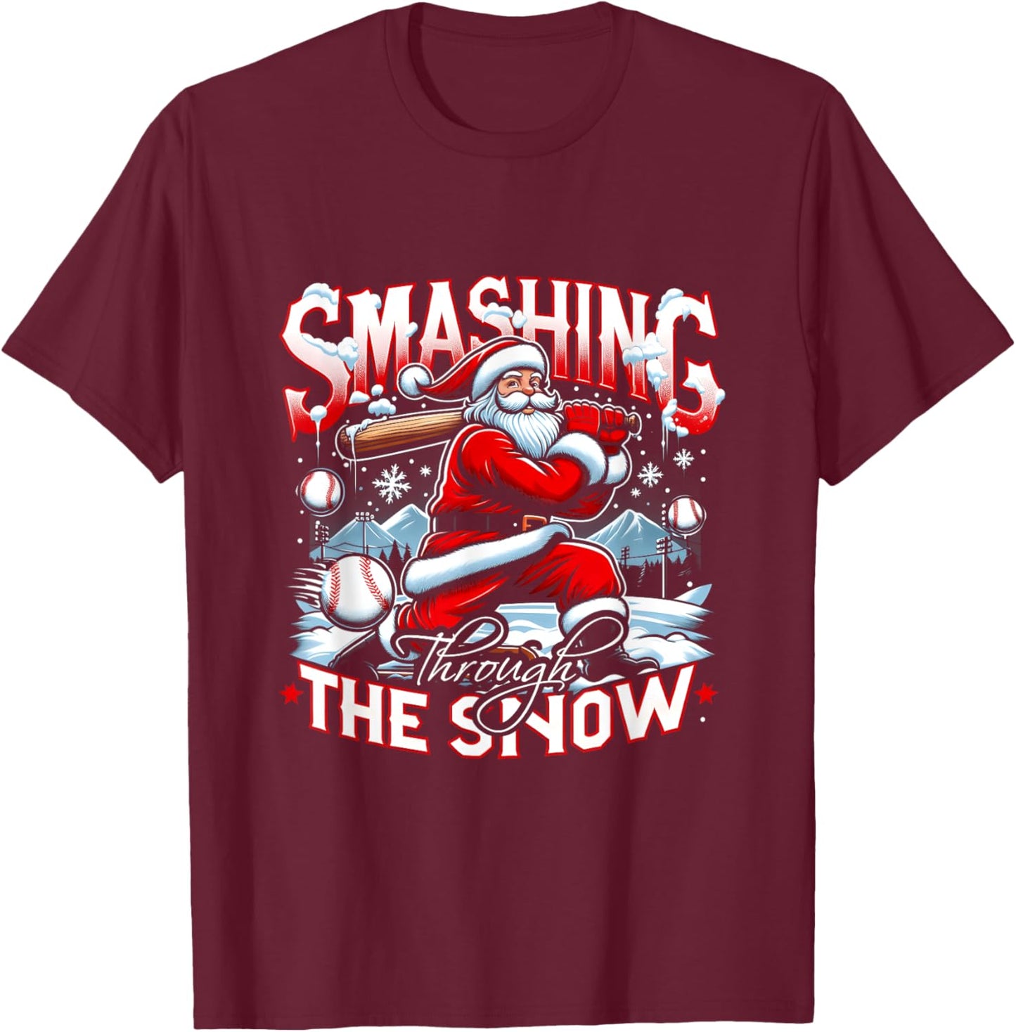 Baseball Player Christmas Santa Smashing Through Snow T-Shirt - T-Shirt | Maroon