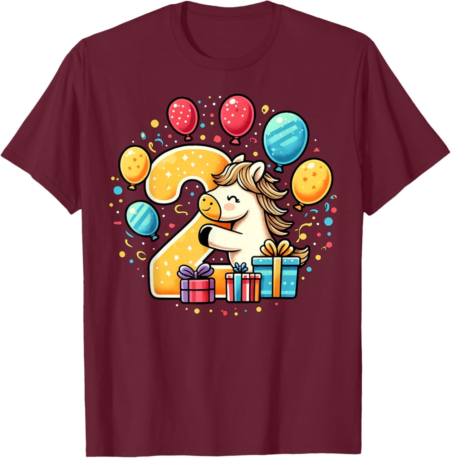 Kids Horse Theme second Bday Party 2nd Horse Birthday T-Shirt - T-Shirt | Maroon