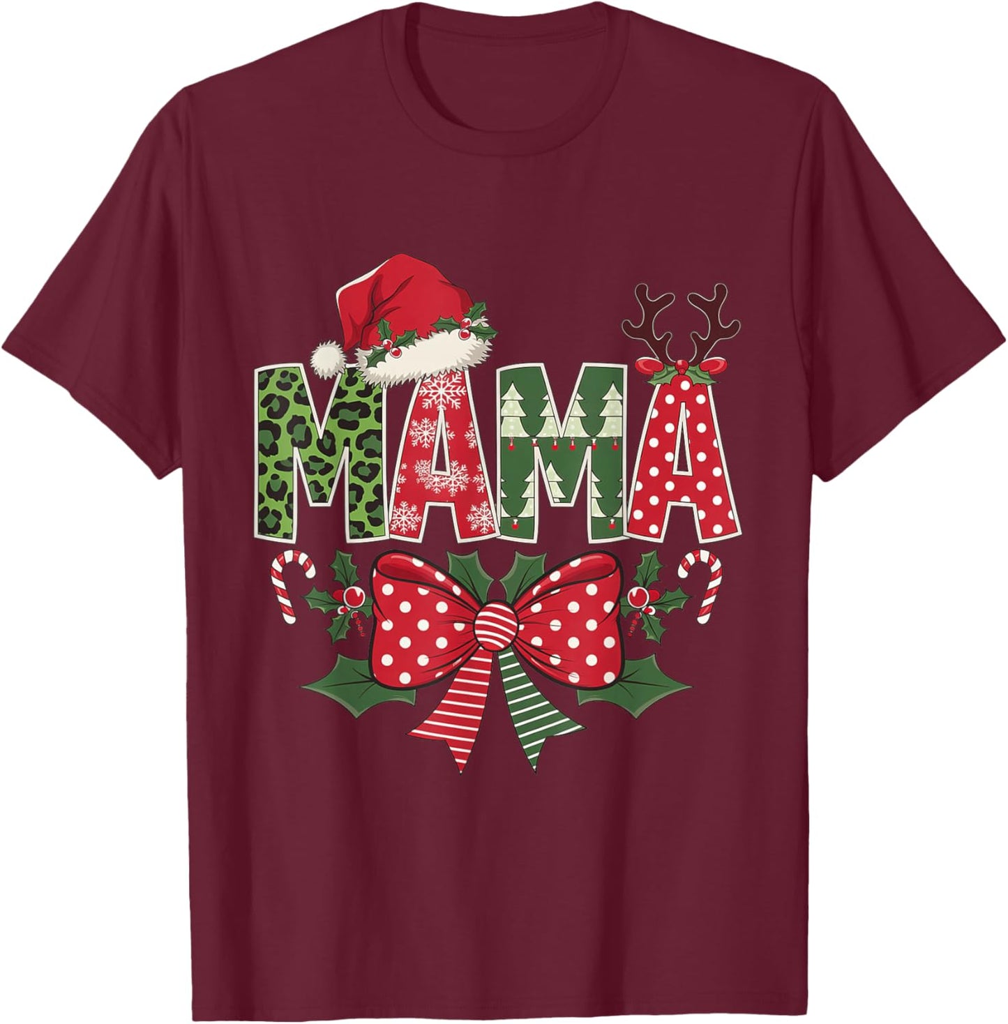 Mama Claus Santa Hat Coquette Bow Christmas Pajama Matching T-Shirt - T-Shirt | Maroon