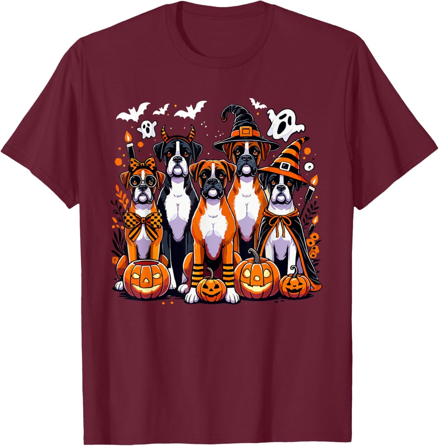 Boxer Halloween Costume, Dog Ghost Witch Hat Men Women Kids T-Shirt - T-Shirt | Maroon