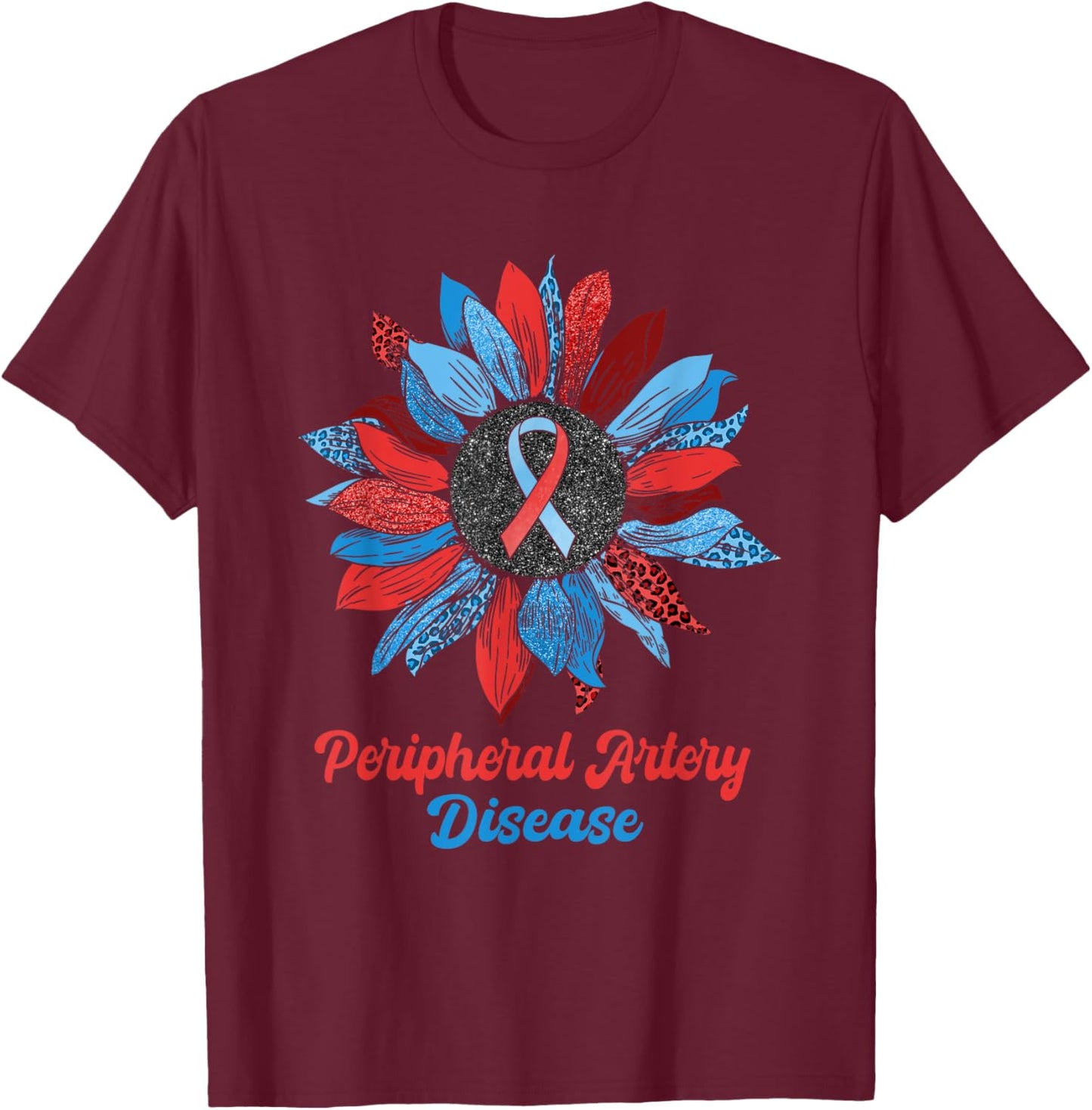 Leopard Sunflower Peripheral Artery Disease Warrior Support T-Shirt - T-Shirt | Maroon